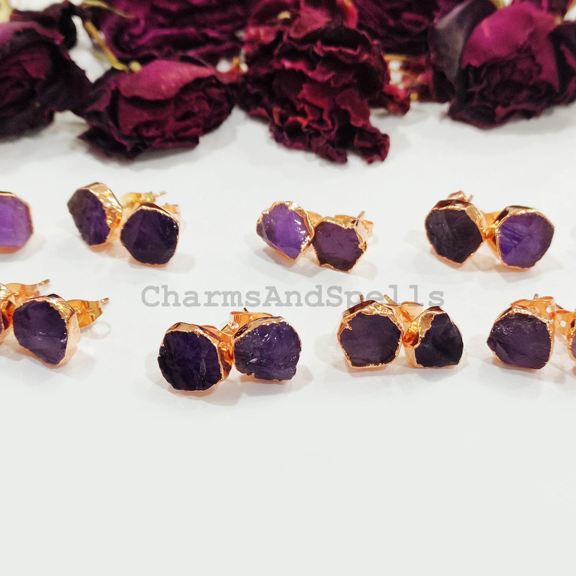 Raw Amethyst Electroplated Stud Earrings, Copper Jewelry, Amethyst Jewelry, Gemstone Earrings, Stud Earrings, Women earrings - Charms And Spells