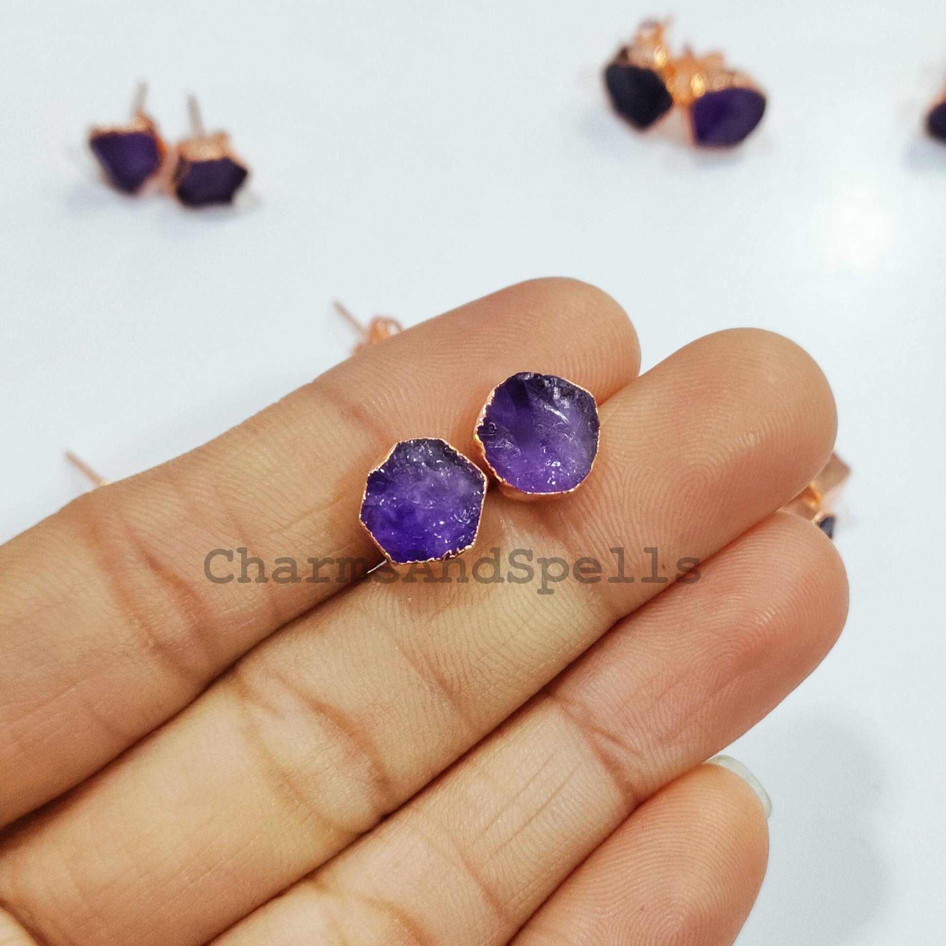 Raw Amethyst Electroplated Stud Earrings, Copper Jewelry, Amethyst Jewelry, Gemstone Earrings, Stud Earrings, Women earrings - Charms And Spells