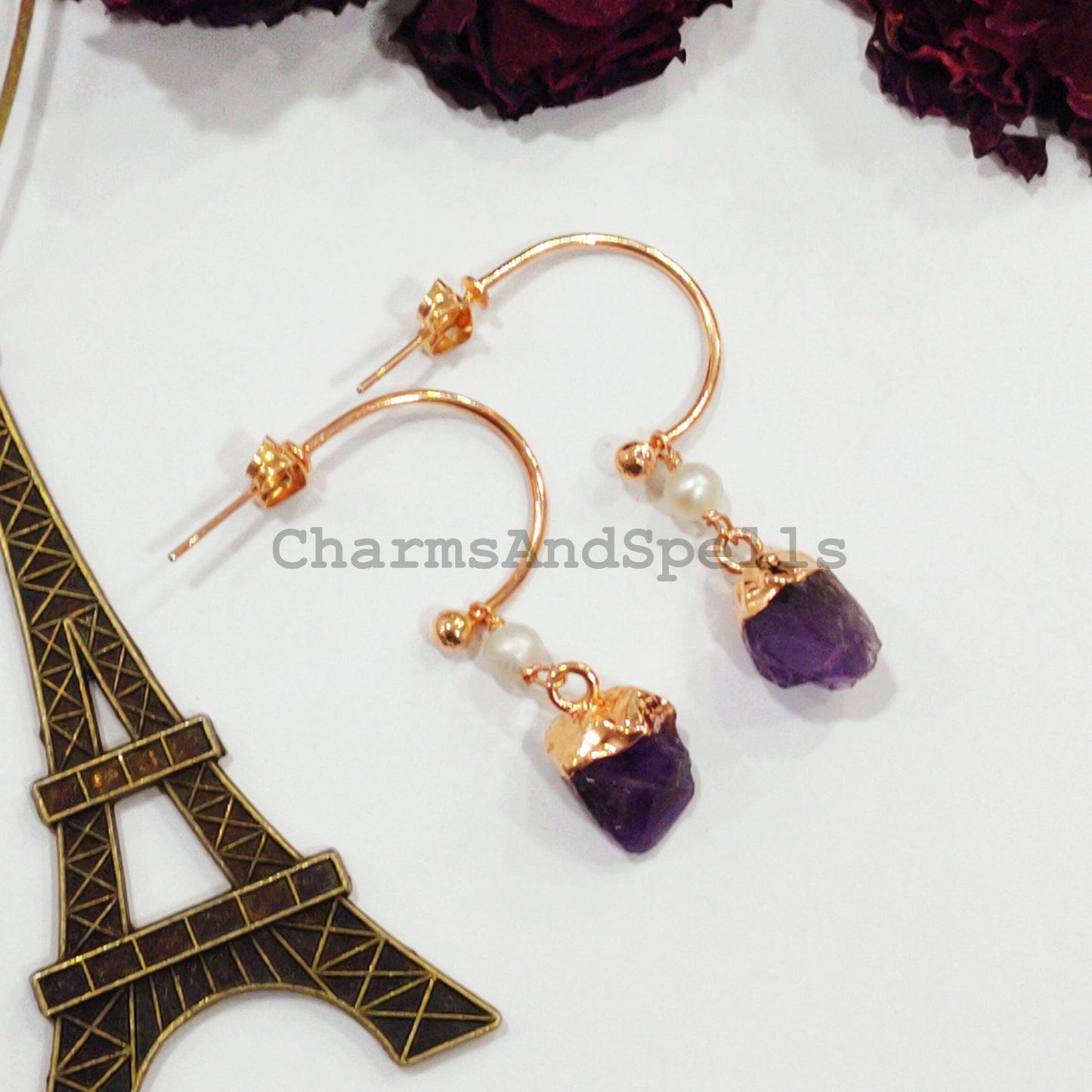 Raw Amethyst Earrings, Electroplated Earrings, Healing Gemstone Earrings, Copper Earrings, Raw Gemstone Earrings, Women Earrings - Charms And Spells