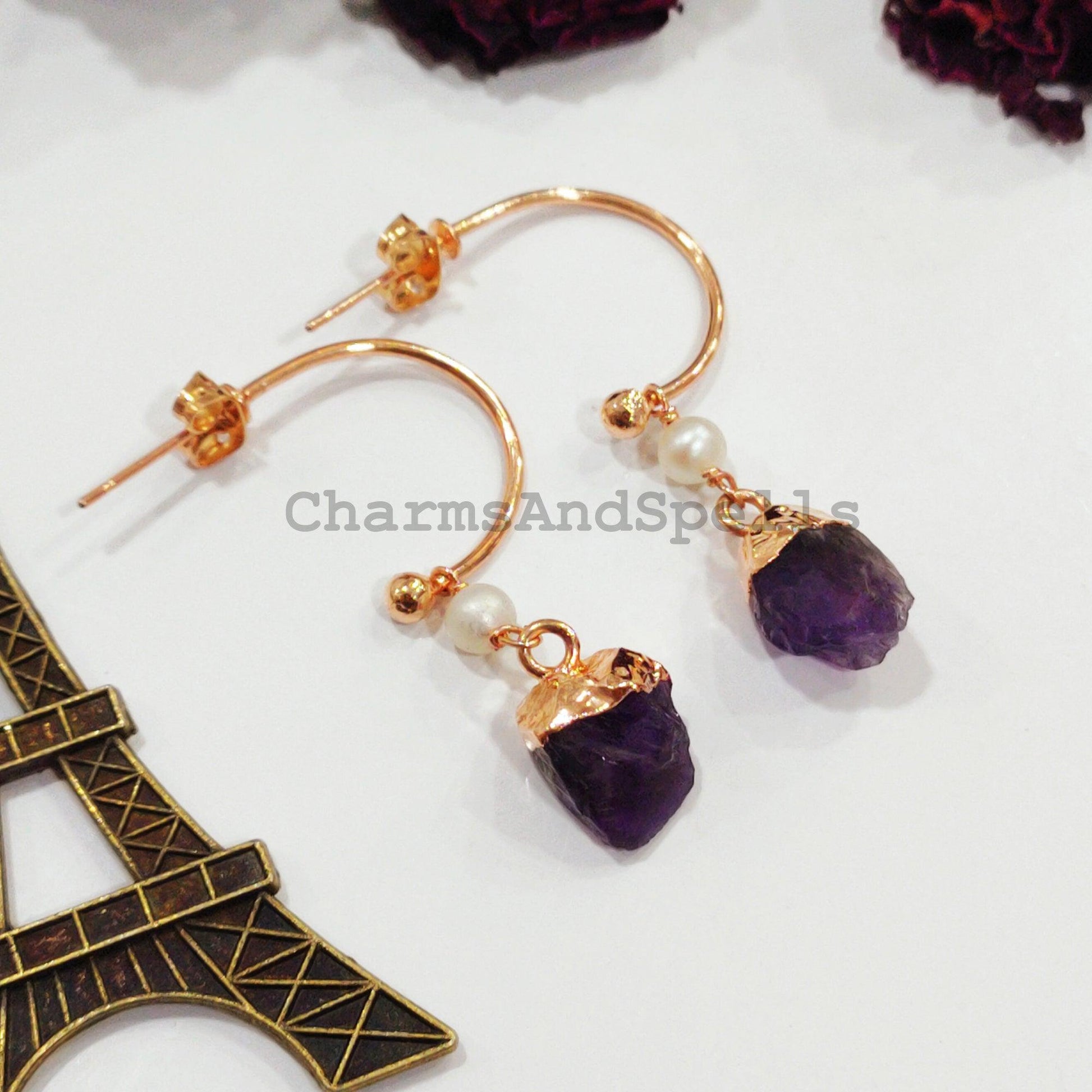 Raw Amethyst Earrings, Electroplated Earrings, Healing Gemstone Earrings, Copper Earrings, Raw Gemstone Earrings, Women Earrings - Charms And Spells