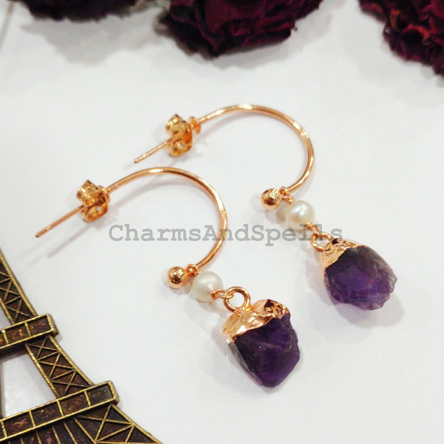 Raw Amethyst Earrings, Electroplated Earrings, Healing Gemstone Earrings, Copper Earrings, Raw Gemstone Earrings, Women Earrings - Charms And Spells