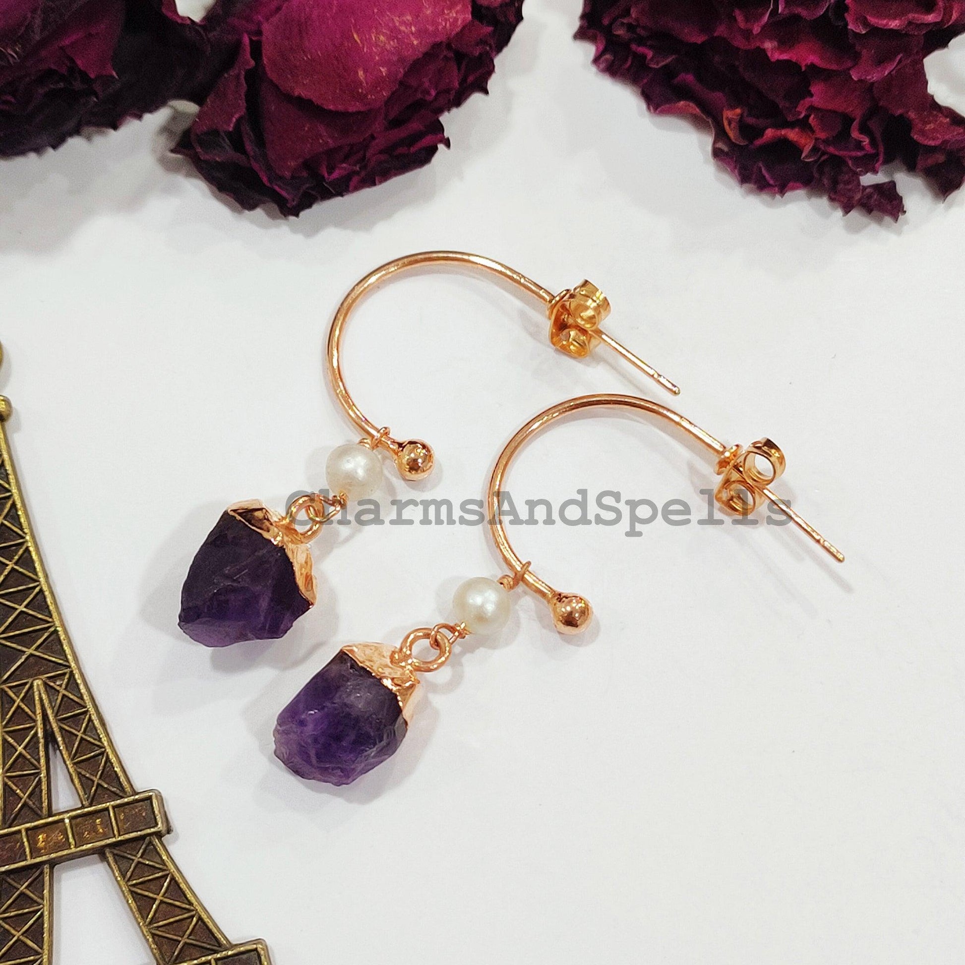 Raw Amethyst Earrings, Electroplated Earrings, Healing Gemstone Earrings, Copper Earrings, Raw Gemstone Earrings, Women Earrings - Charms And Spells