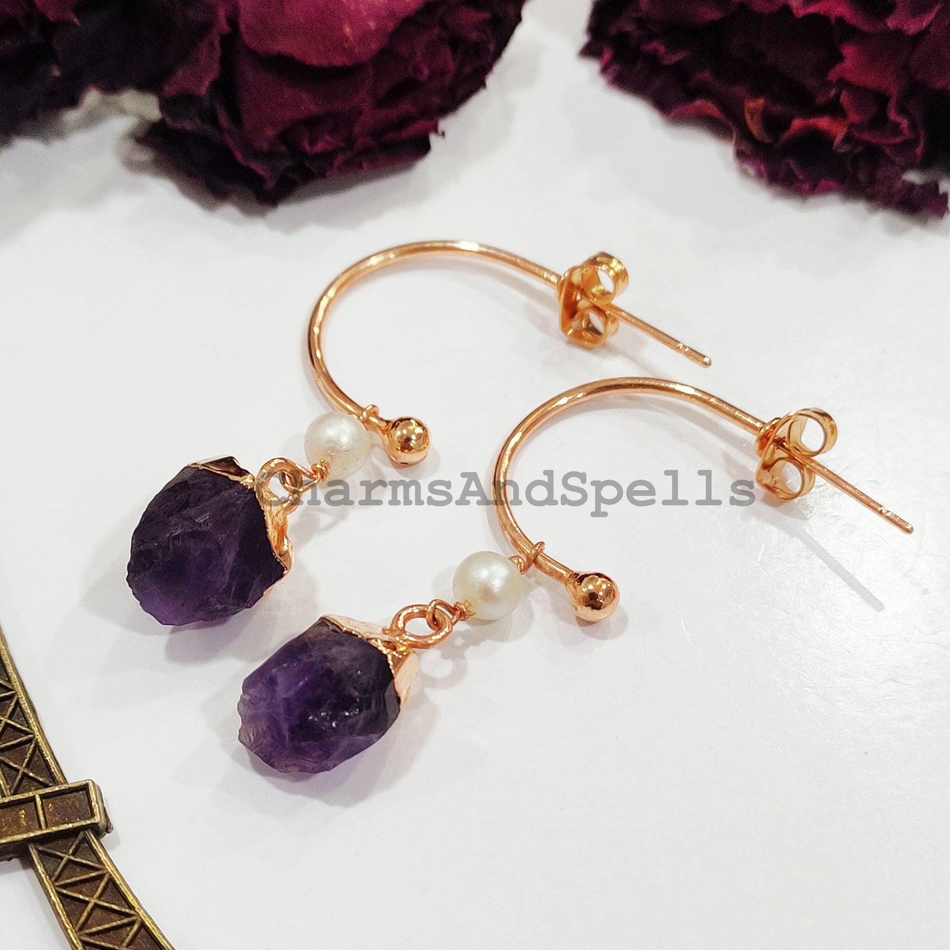 Raw Amethyst Earrings, Electroplated Earrings, Healing Gemstone Earrings, Copper Earrings, Raw Gemstone Earrings, Women Earrings - Charms And Spells