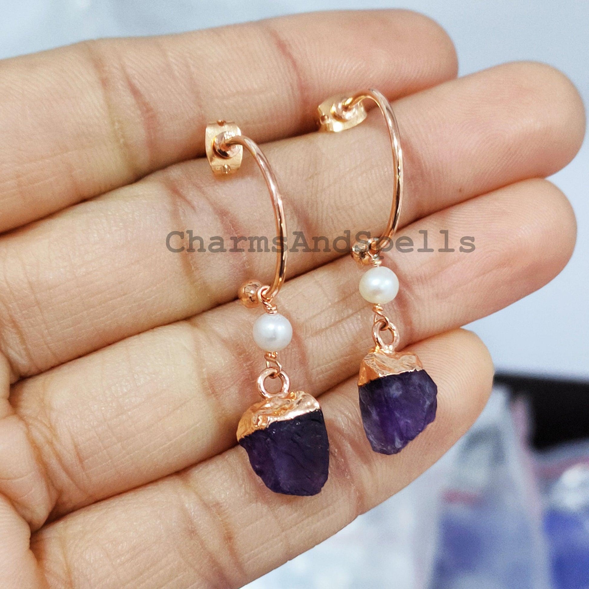 Raw Amethyst Earrings, Electroplated Earrings, Healing Gemstone Earrings, Copper Earrings, Raw Gemstone Earrings, Women Earrings - Charms And Spells