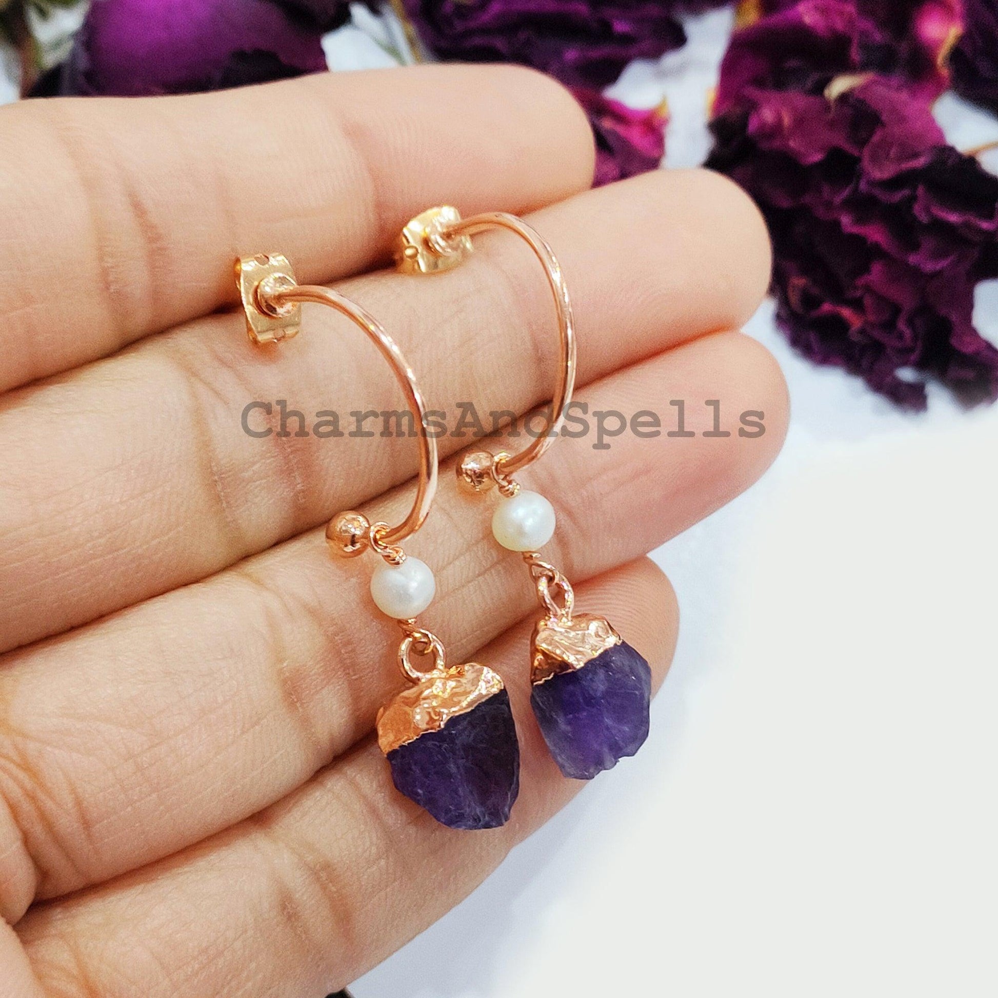 Raw Amethyst Earrings, Electroplated Earrings, Healing Gemstone Earrings, Copper Earrings, Raw Gemstone Earrings, Women Earrings - Charms And Spells