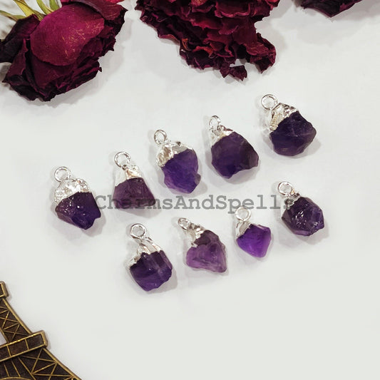 Raw Amethyst Electroplated Pendant Connectors, Rough Stone Connectors, Silver Plated Connectors, DIY Raw Amethyst Making Jewelry - Charms And Spells