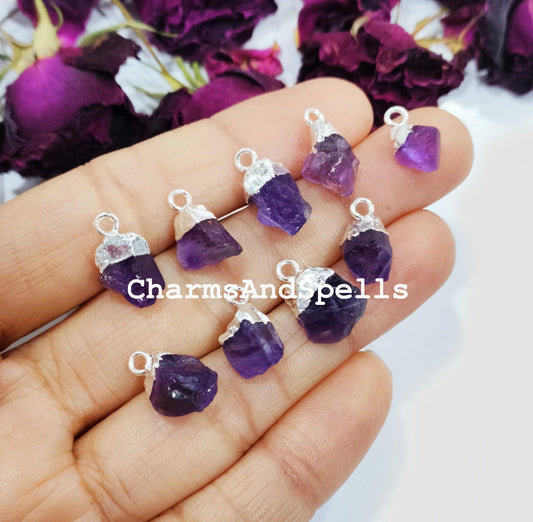 Raw Amethyst Electroplated Pendant Connectors, Rough Stone Connectors, Silver Plated Connectors, DIY Raw Amethyst Making Jewelry - Charms And Spells