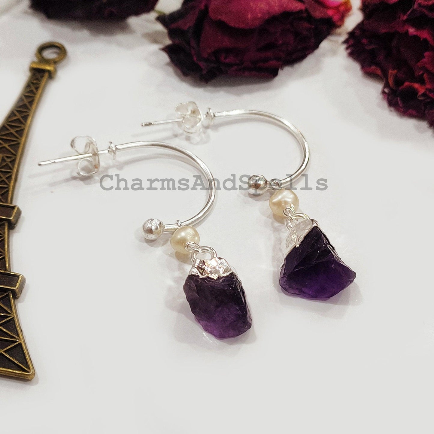 Raw Amethyst Earrings, Silver Electroplated Earrings, Healing Earrings, Women Earrings, Raw Gemstone Earrings, Gift For Mother - Charms And Spells