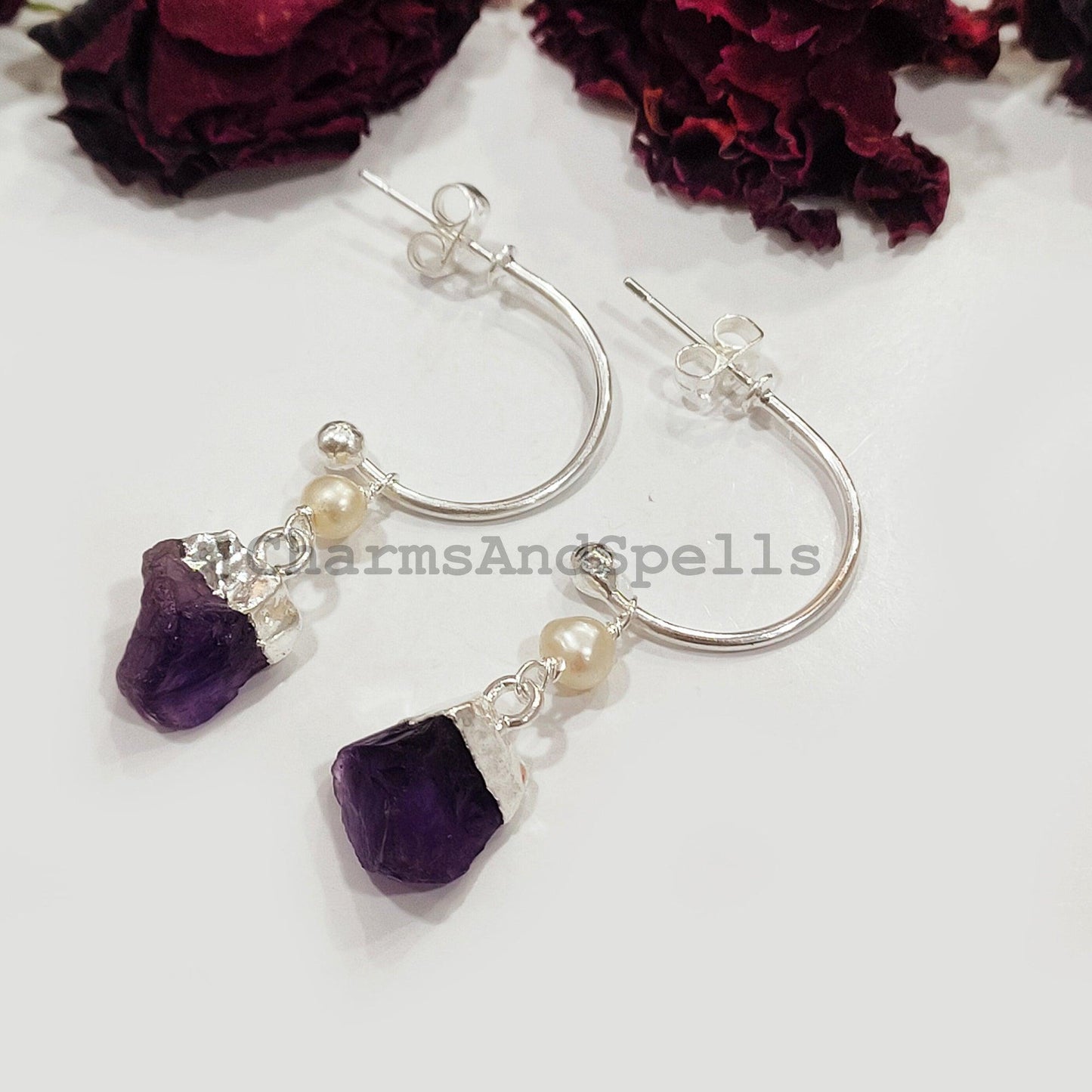 Raw Amethyst Earrings, Silver Electroplated Earrings, Healing Earrings, Women Earrings, Raw Gemstone Earrings, Gift For Mother - Charms And Spells