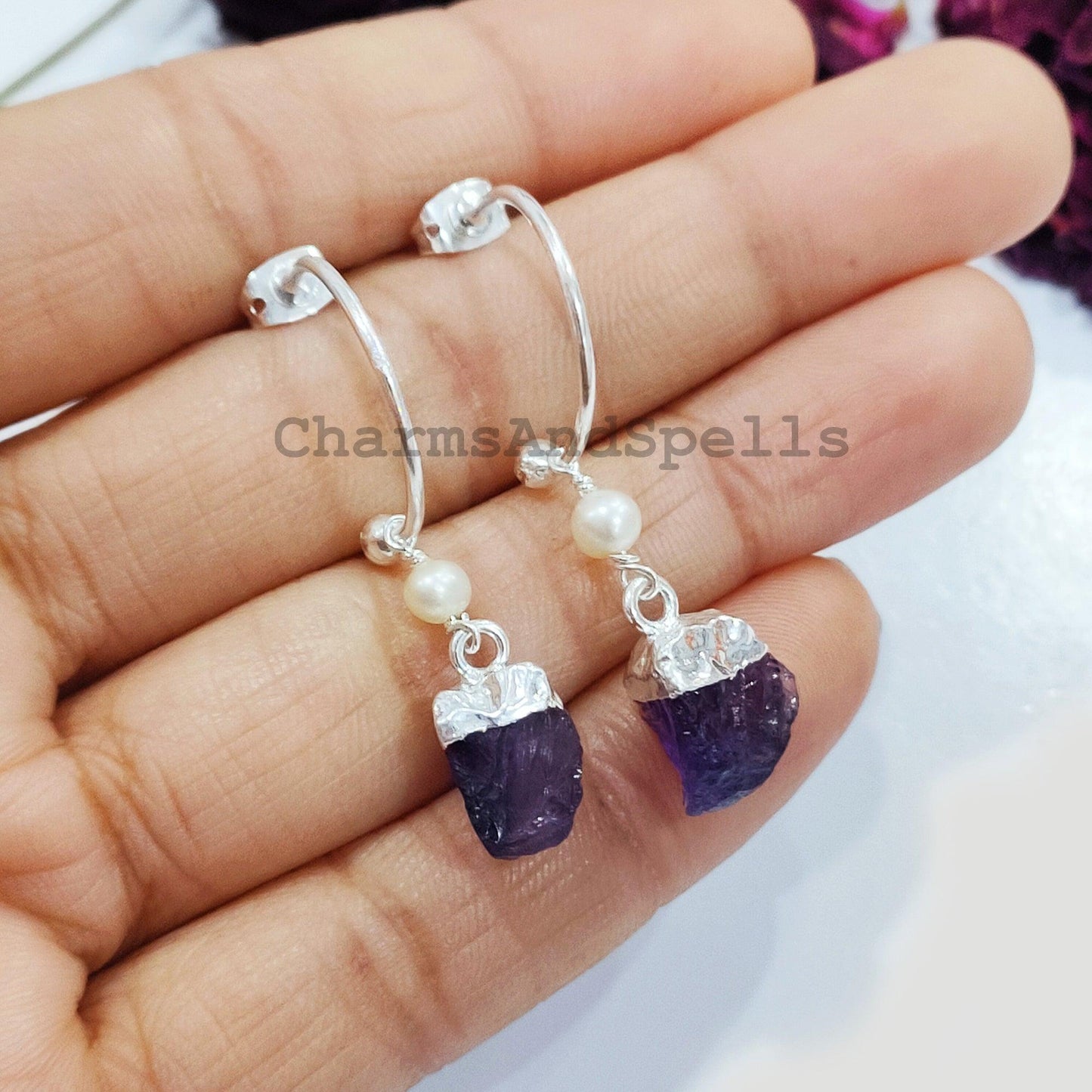 Raw Amethyst Earrings, Silver Electroplated Earrings, Healing Earrings, Women Earrings, Raw Gemstone Earrings, Gift For Mother - Charms And Spells