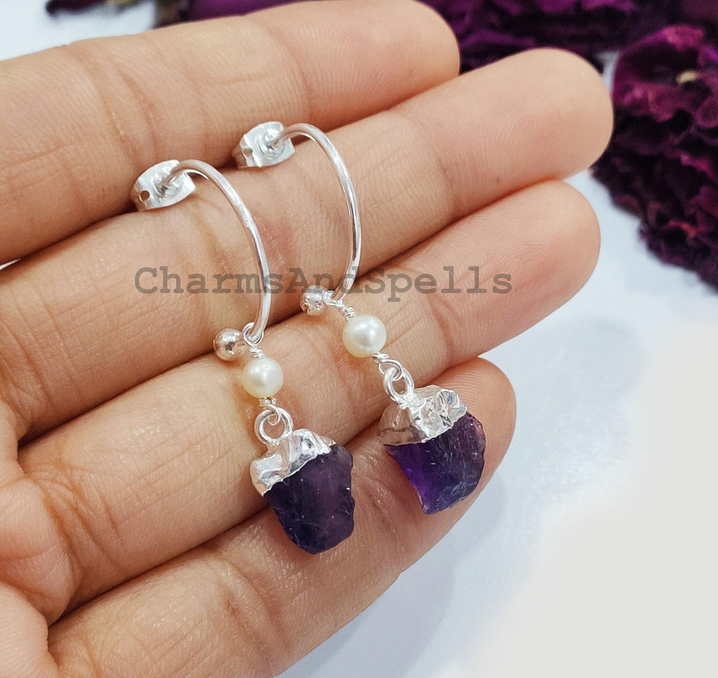 Raw Amethyst Earrings, Silver Electroplated Earrings, Healing Earrings, Women Earrings, Raw Gemstone Earrings, Gift For Mother - Charms And Spells