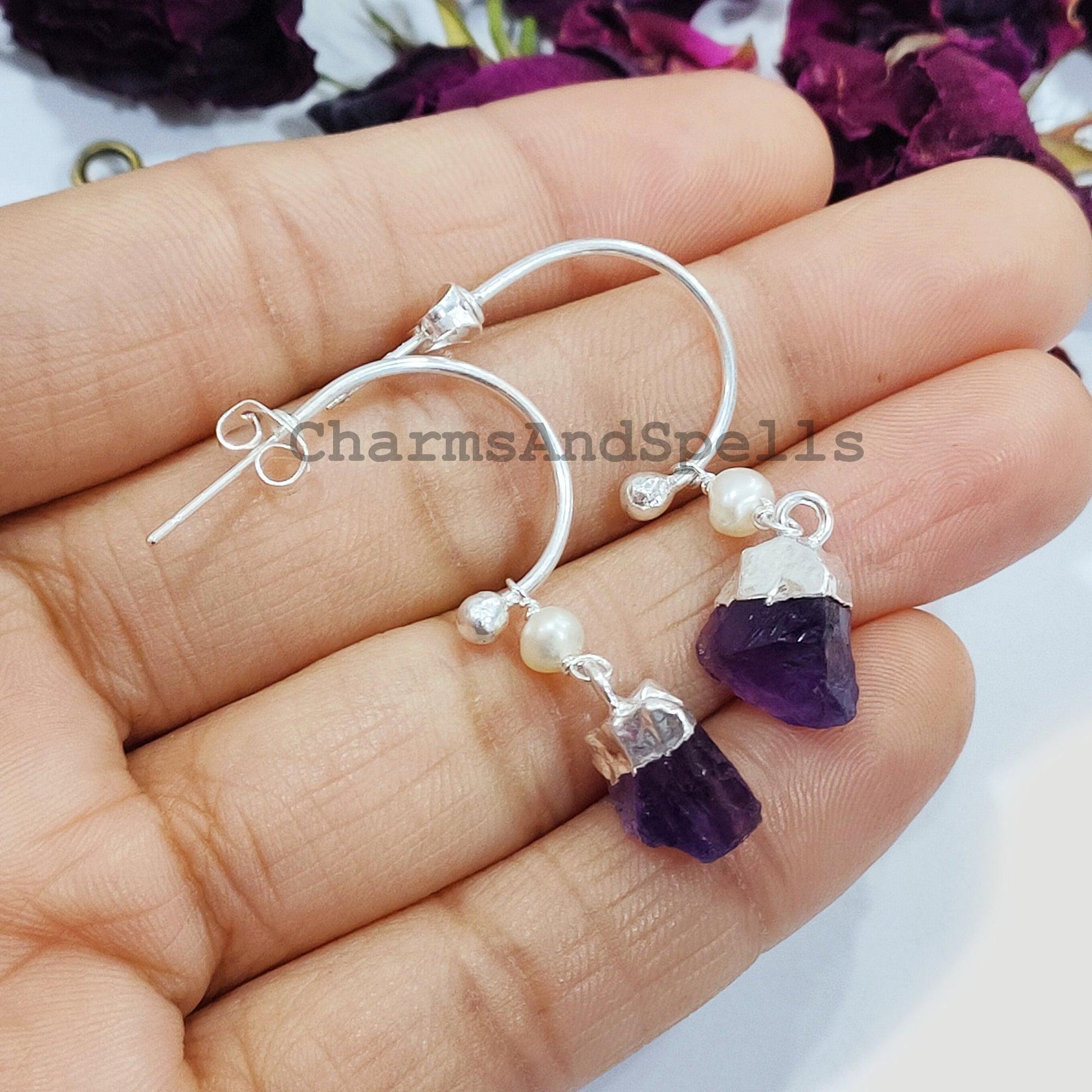 Raw Amethyst Earrings, Silver Electroplated Earrings, Healing Earrings, Women Earrings, Raw Gemstone Earrings, Gift For Mother - Charms And Spells