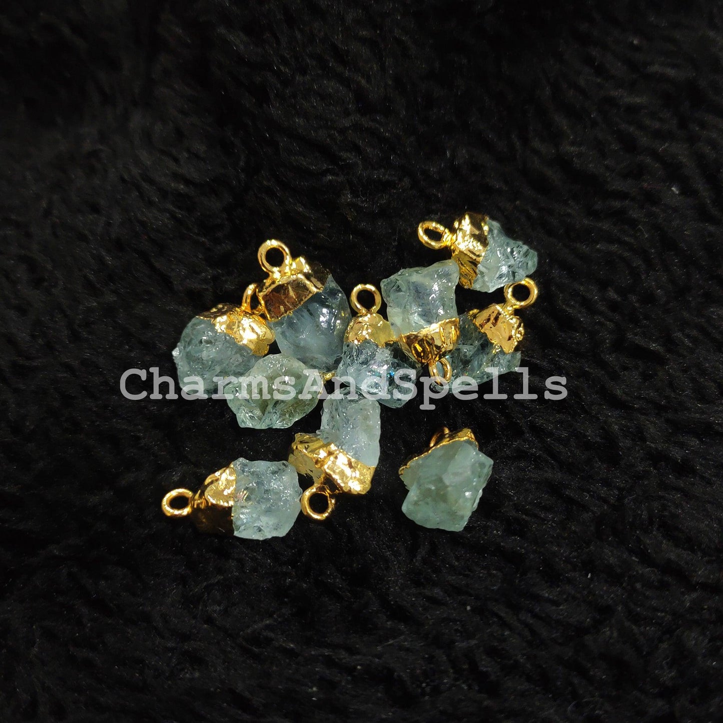 Raw Aquamarine Charm, Gold Electroplated Pendant Connectors, Rough Gemstone Connectors, Birthstone Connectors, Making Jewelry - Charms And Spells