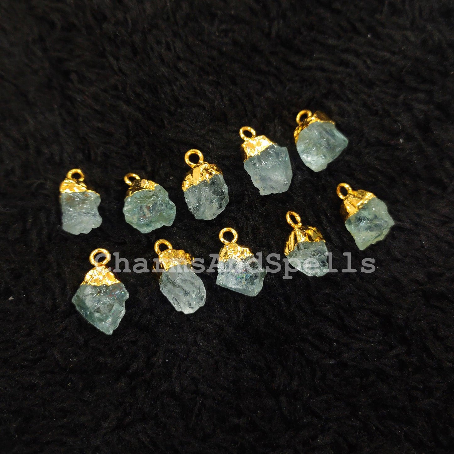 Raw Aquamarine Charm, Gold Electroplated Pendant Connectors, Rough Gemstone Connectors, Birthstone Connectors, Making Jewelry - Charms And Spells