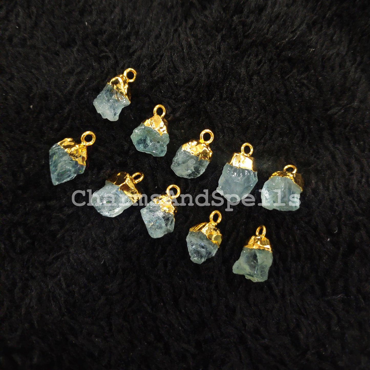 Raw Aquamarine Charm, Gold Electroplated Pendant Connectors, Rough Gemstone Connectors, Birthstone Connectors, Making Jewelry - Charms And Spells