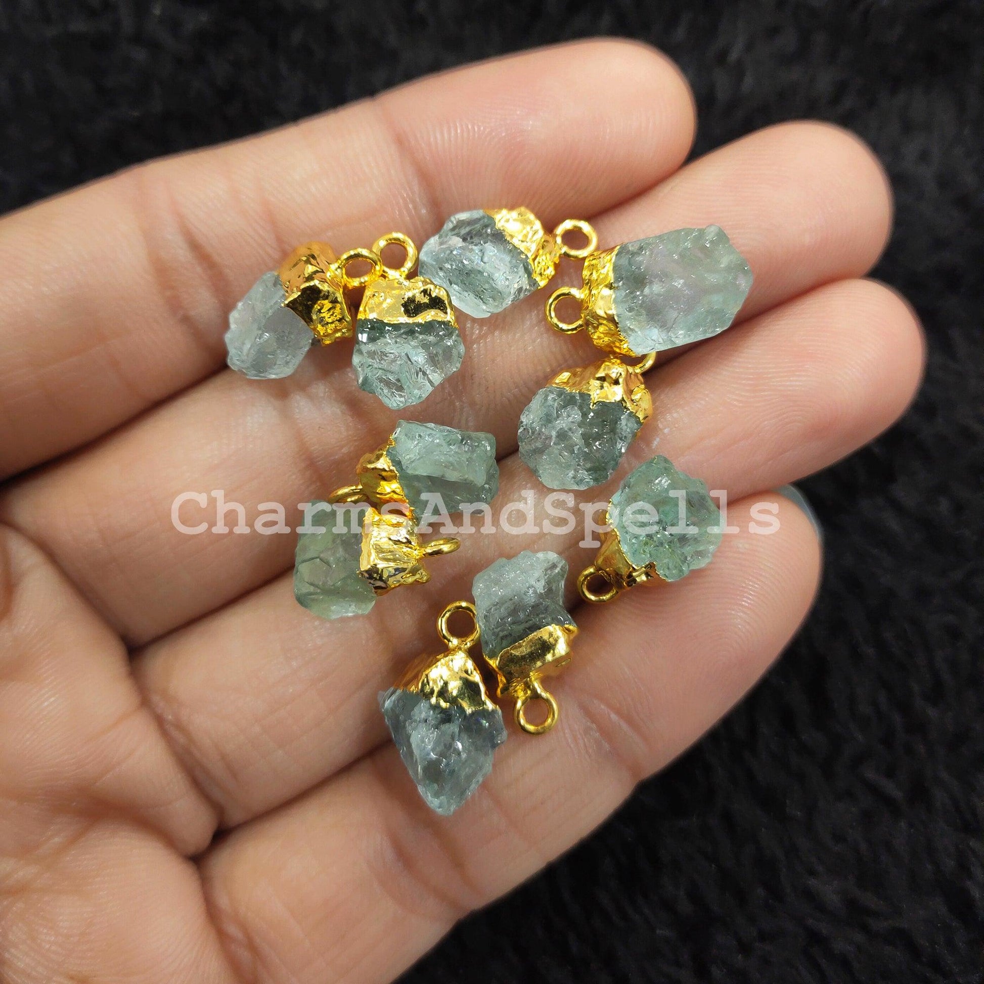 Raw Aquamarine Charm, Gold Electroplated Pendant Connectors, Rough Gemstone Connectors, Birthstone Connectors, Making Jewelry - Charms And Spells