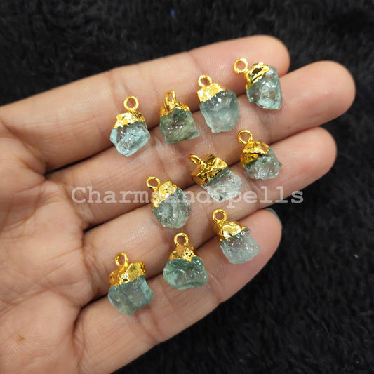 Raw Aquamarine Charm, Gold Electroplated Pendant Connectors, Rough Gemstone Connectors, Birthstone Connectors, Making Jewelry - Charms And Spells