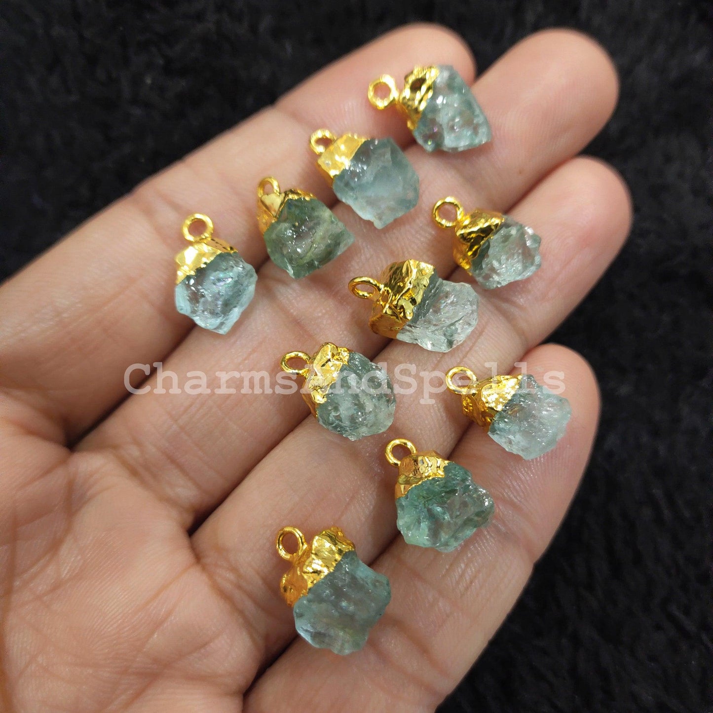 Raw Aquamarine Charm, Gold Electroplated Pendant Connectors, Rough Gemstone Connectors, Birthstone Connectors, Making Jewelry - Charms And Spells