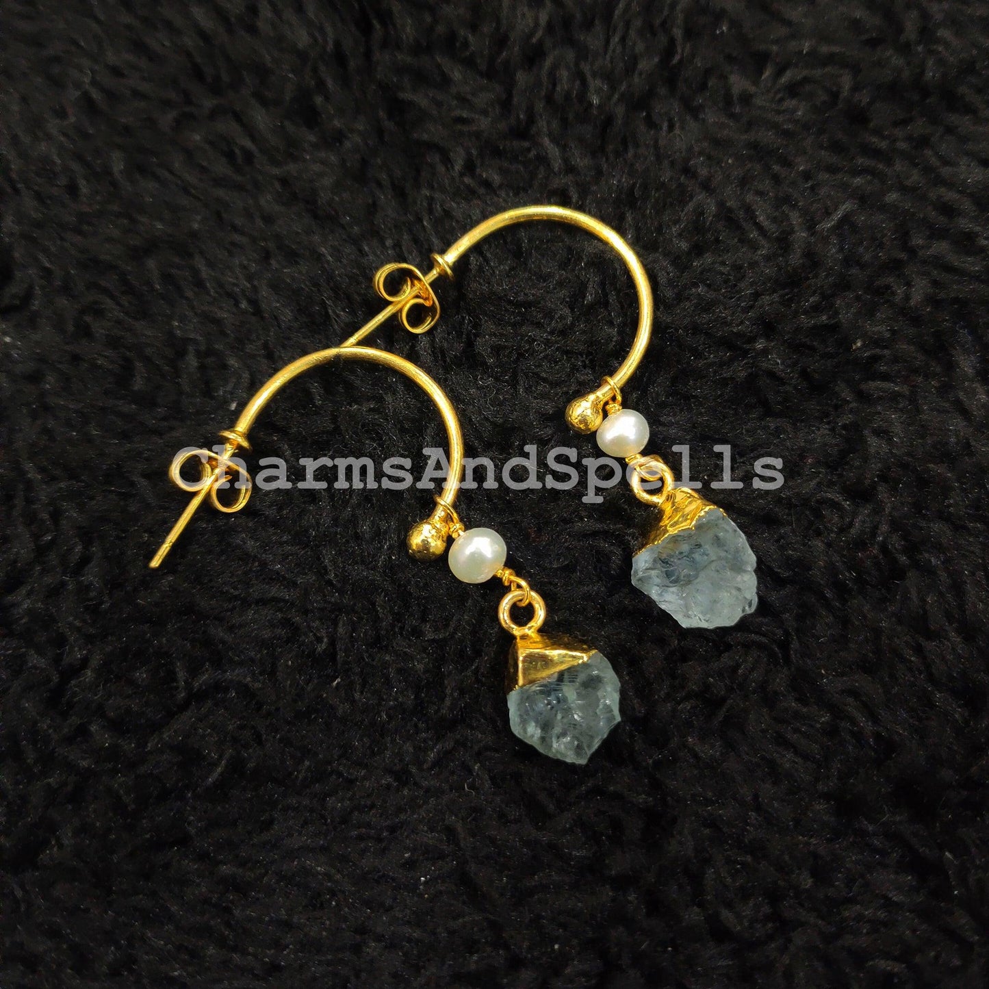 Raw Aquamarine Earrings, Electroplated Earrings, Birthstone Earrings, 14K Gold Plated Earrings, Raw Gemstone Earrings - Charms And Spells