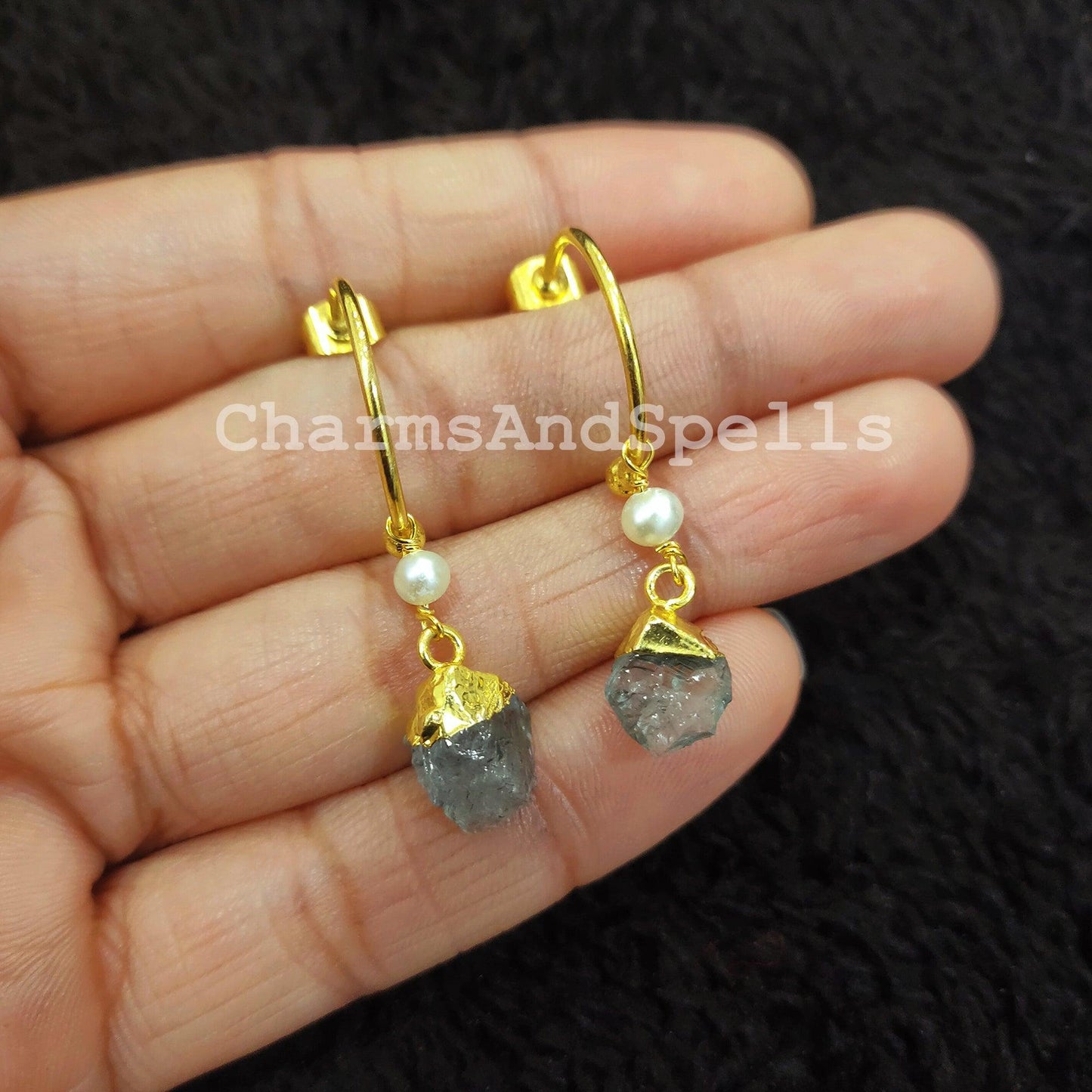 Raw Aquamarine Earrings, Electroplated Earrings, Birthstone Earrings, 14K Gold Plated Earrings, Raw Gemstone Earrings - Charms And Spells