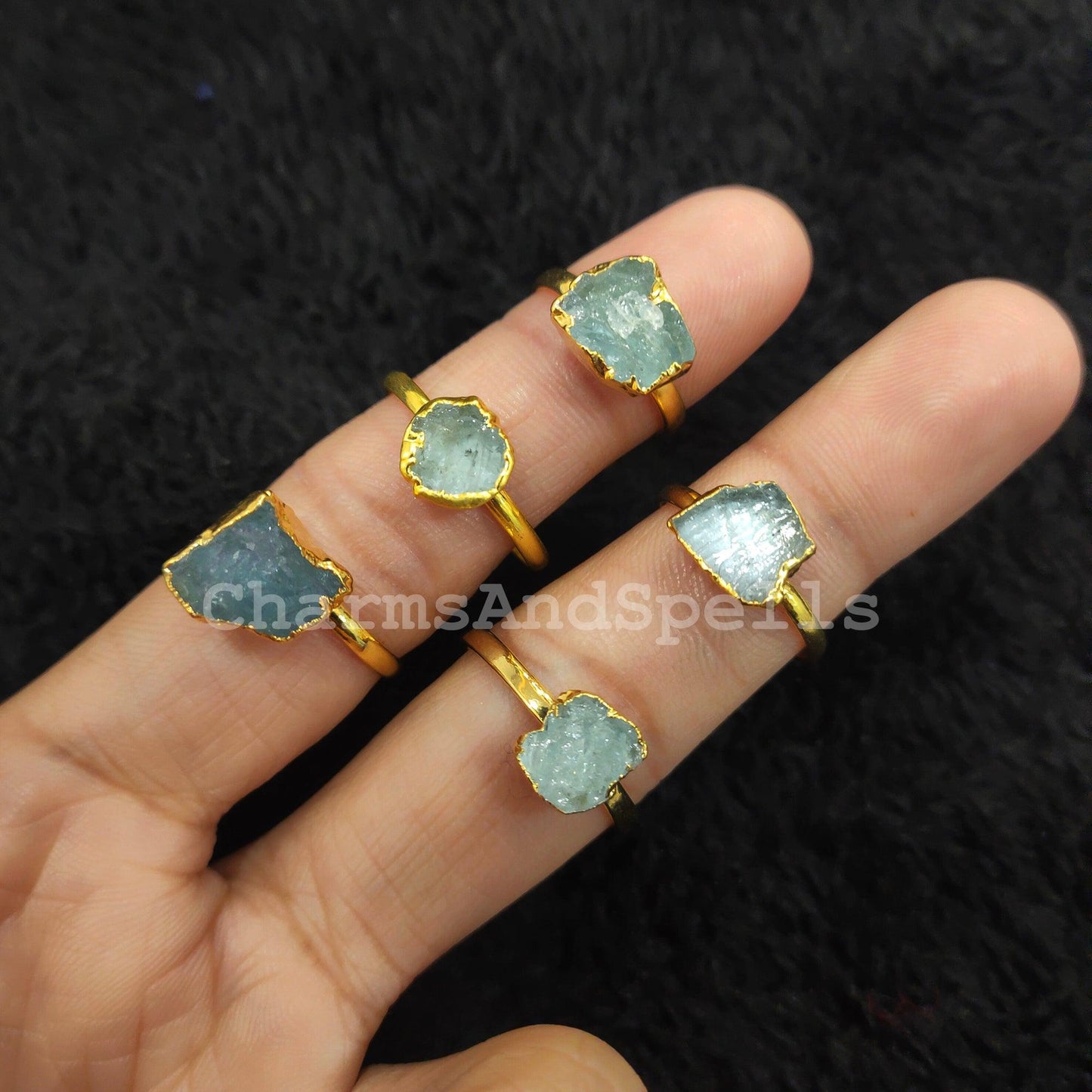 Natural Aquamarine Ring, Gold Plated Electroplated Ring, Gift Ring, Raw Aquamarine, Birthstone, Unisex Ring - Charms And Spells