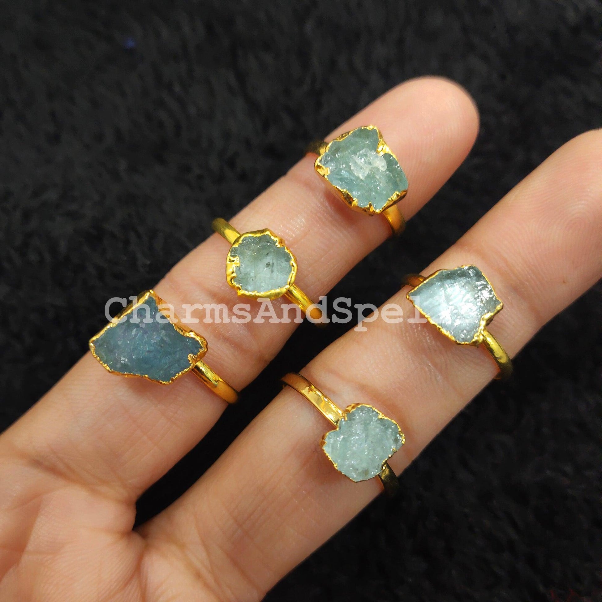 Natural Aquamarine Ring, Gold Plated Electroplated Ring, Gift Ring, Raw Aquamarine, Birthstone, Unisex Ring - Charms And Spells