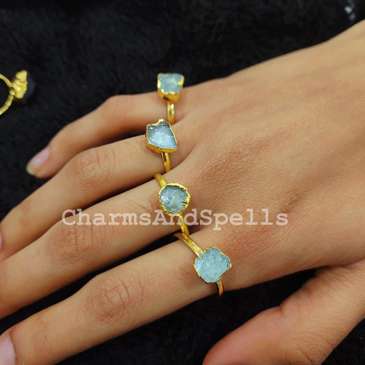 Natural Aquamarine Ring, Gold Plated Electroplated Ring, Gift Ring, Raw Aquamarine, Birthstone, Unisex Ring - Charms And Spells