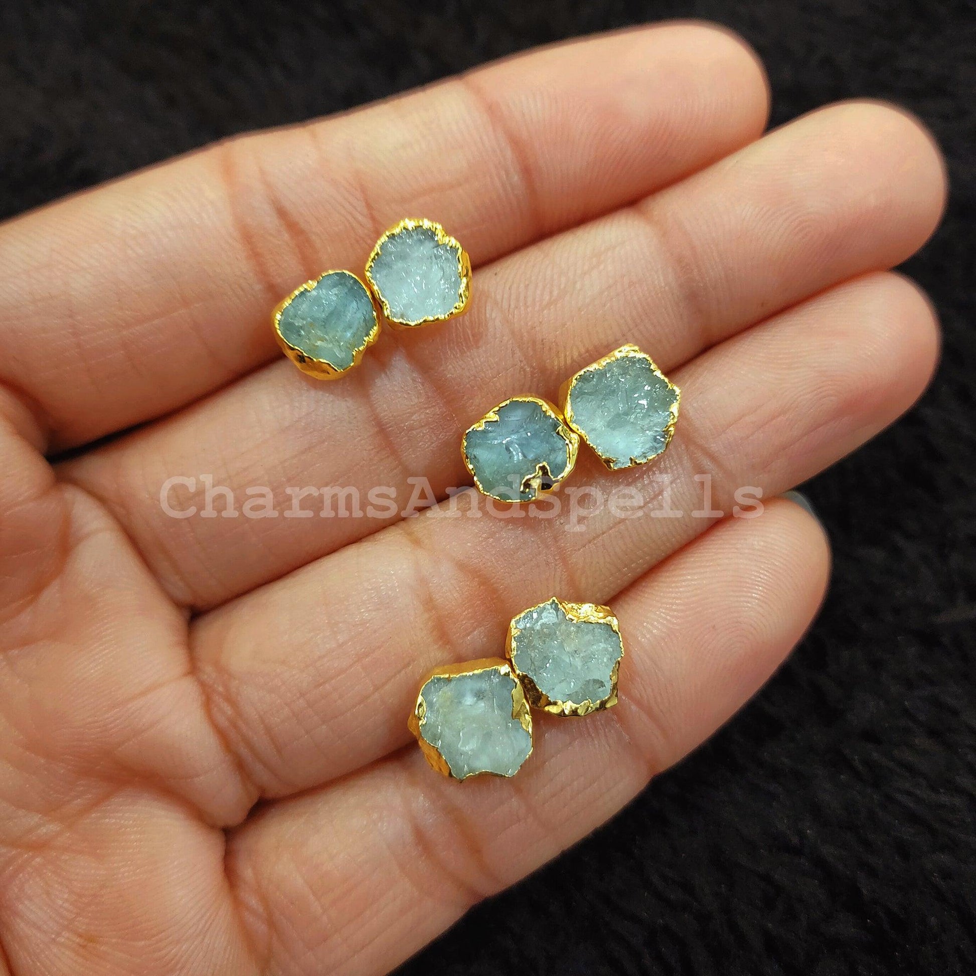 Raw Aquamarine Stud Earrings, Gold Electroplated Stud Earrings, Aquamarine Jewelry, Raw Gemstone Earrings, Women Earrings - Charms And Spells