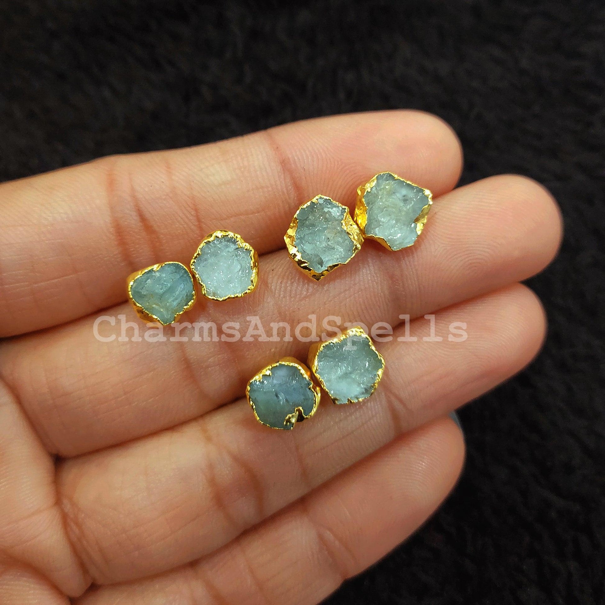 Raw Aquamarine Stud Earrings, Gold Electroplated Stud Earrings, Aquamarine Jewelry, Raw Gemstone Earrings, Women Earrings - Charms And Spells