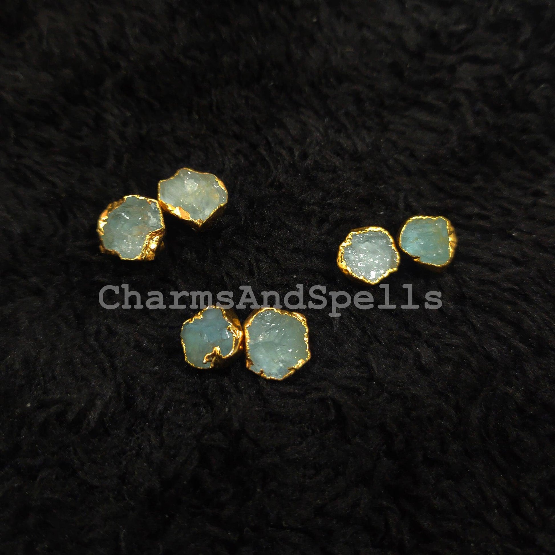 Raw Aquamarine Stud Earrings, Gold Electroplated Stud Earrings, Aquamarine Jewelry, Raw Gemstone Earrings, Women Earrings - Charms And Spells