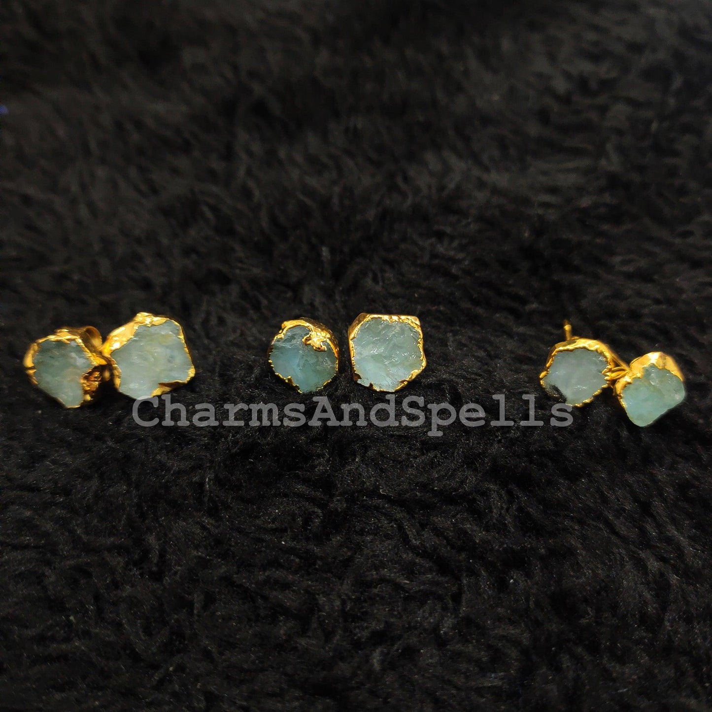 Raw Aquamarine Stud Earrings, Gold Electroplated Stud Earrings, Aquamarine Jewelry, Raw Gemstone Earrings, Women Earrings - Charms And Spells