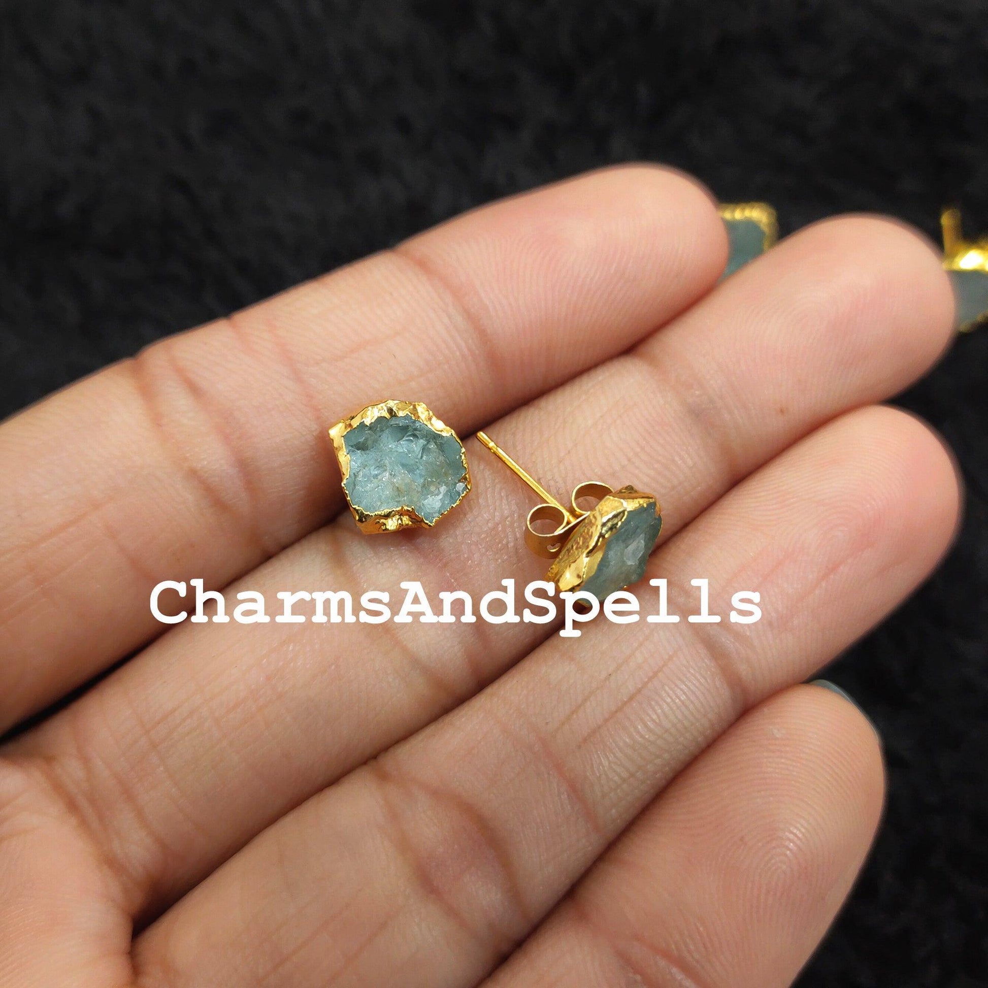 Raw Aquamarine Stud Earrings, Gold Electroplated Stud Earrings, Aquamarine Jewelry, Raw Gemstone Earrings, Women Earrings - Charms And Spells