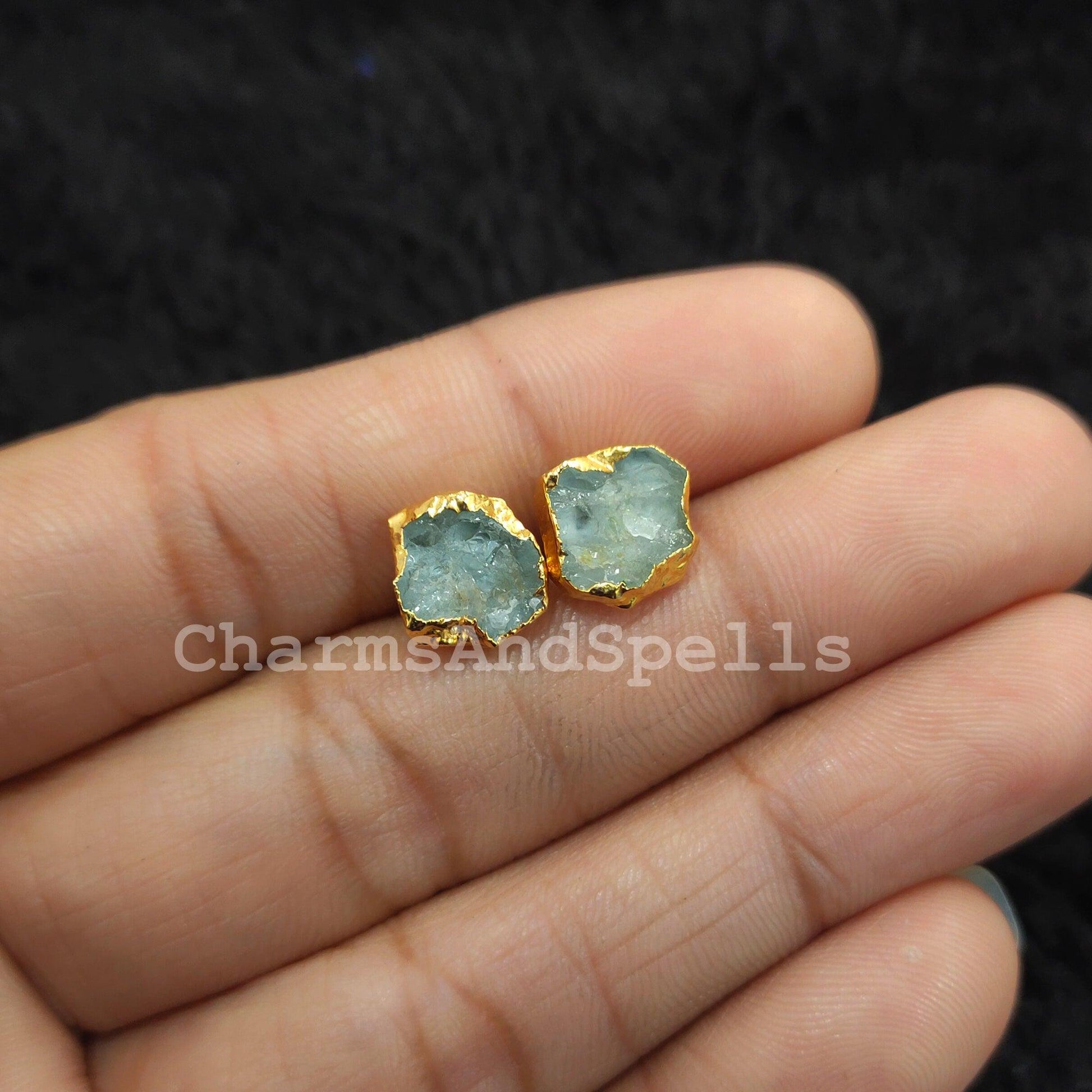 Raw Aquamarine Stud Earrings, Gold Electroplated Stud Earrings, Aquamarine Jewelry, Raw Gemstone Earrings, Women Earrings - Charms And Spells