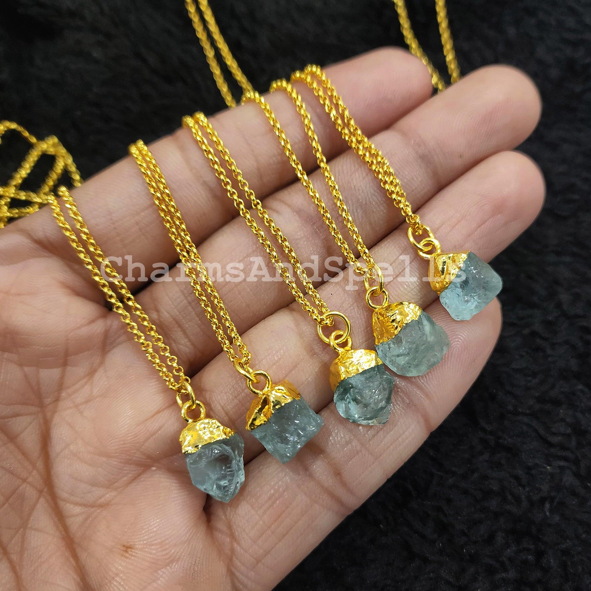 Raw Aquamarine Necklace, Electroplated Gemstone Jewelry, 14k Gold Plated Necklace, Dainty Necklace, Raw Birthstone Necklace - Charms And Spells