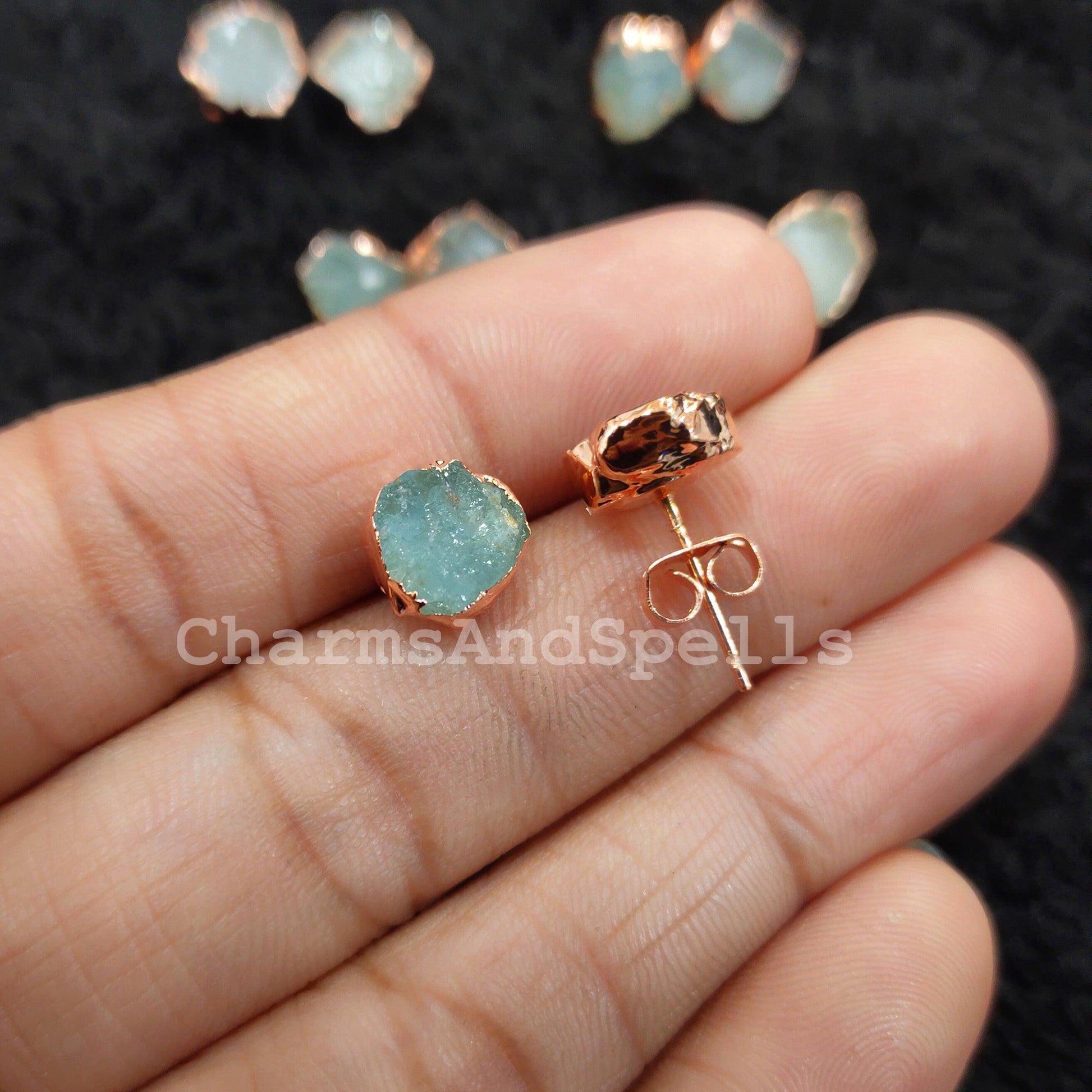 Raw Aquamarine Electroplated Stud Earrings, Dainty Earrings Stud, Handmade Stud Earrings, Dainty Raw Gemstone Earrings - Charms And Spells