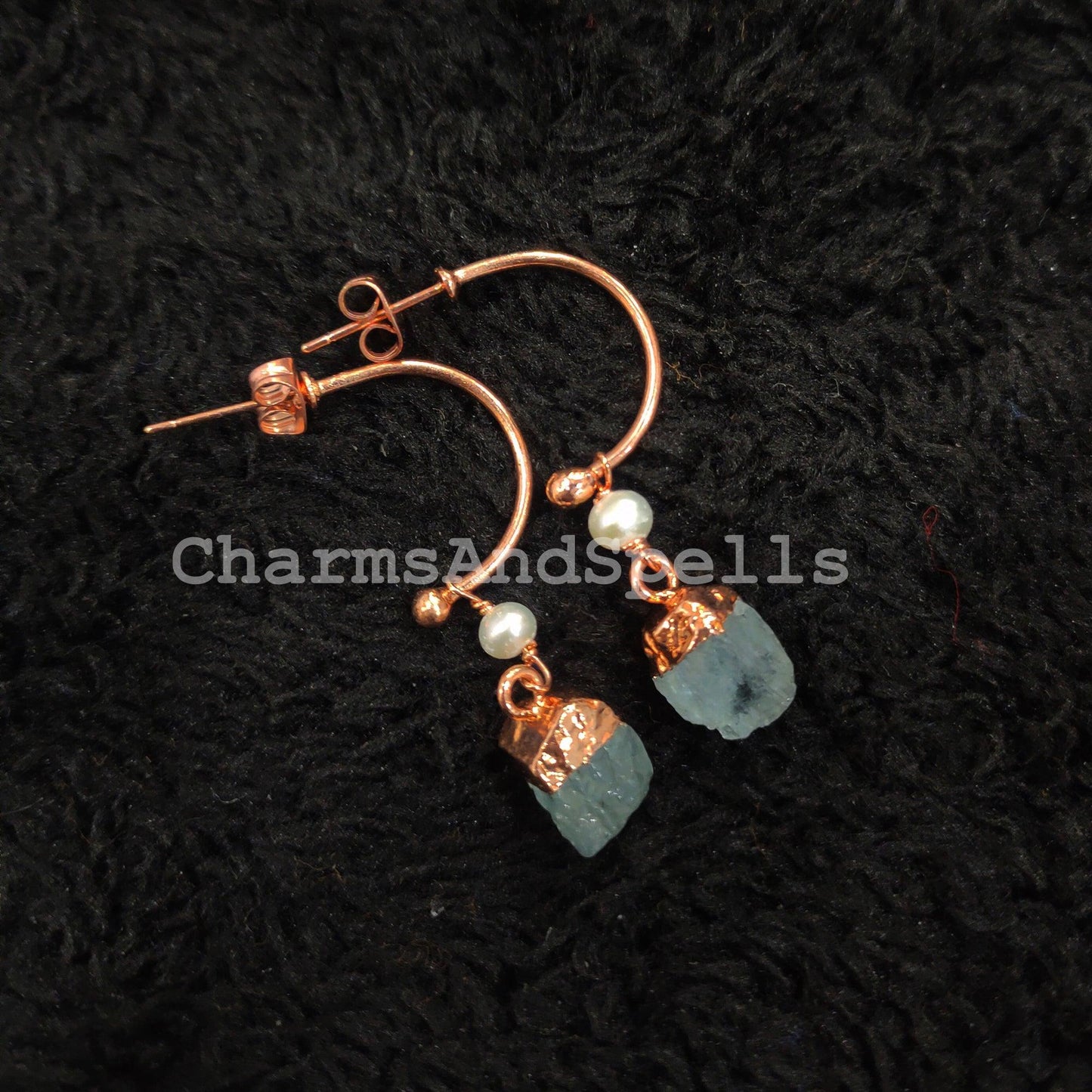 Rough Natural Aquamarine Earrings, Electroplated Earrings, Imitation Jewelry, Boho Copper Earrings, Raw Stone Earrings - Charms And Spells