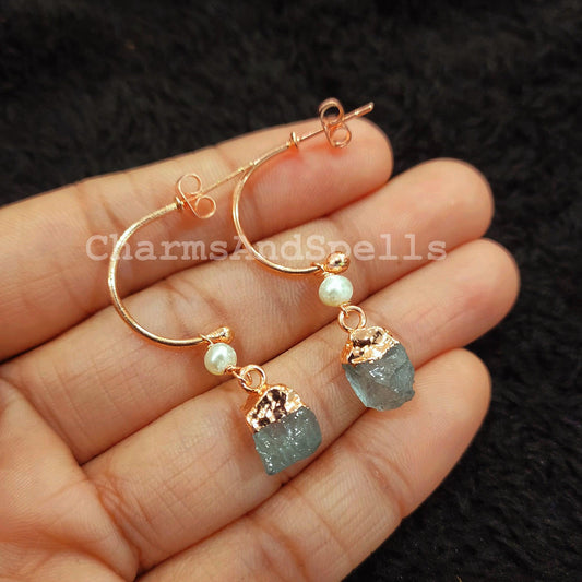 Rough Natural Aquamarine Earrings, Electroplated Earrings, Imitation Jewelry, Boho Copper Earrings, Raw Stone Earrings - Charms And Spells