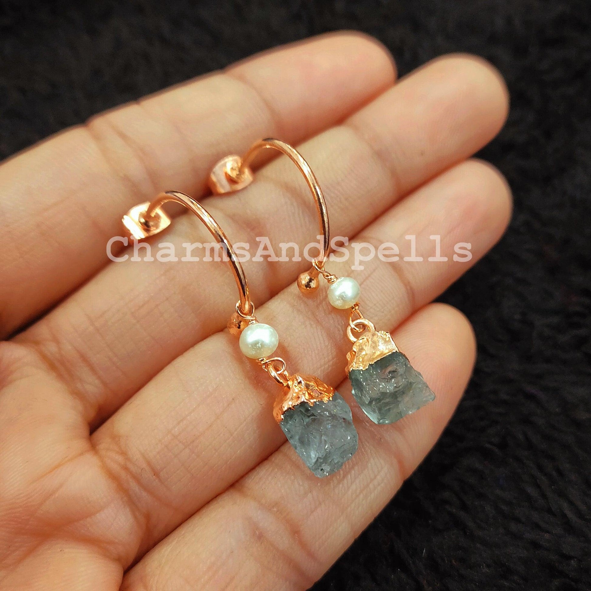 Rough Natural Aquamarine Earrings, Electroplated Earrings, Imitation Jewelry, Boho Copper Earrings, Raw Stone Earrings - Charms And Spells