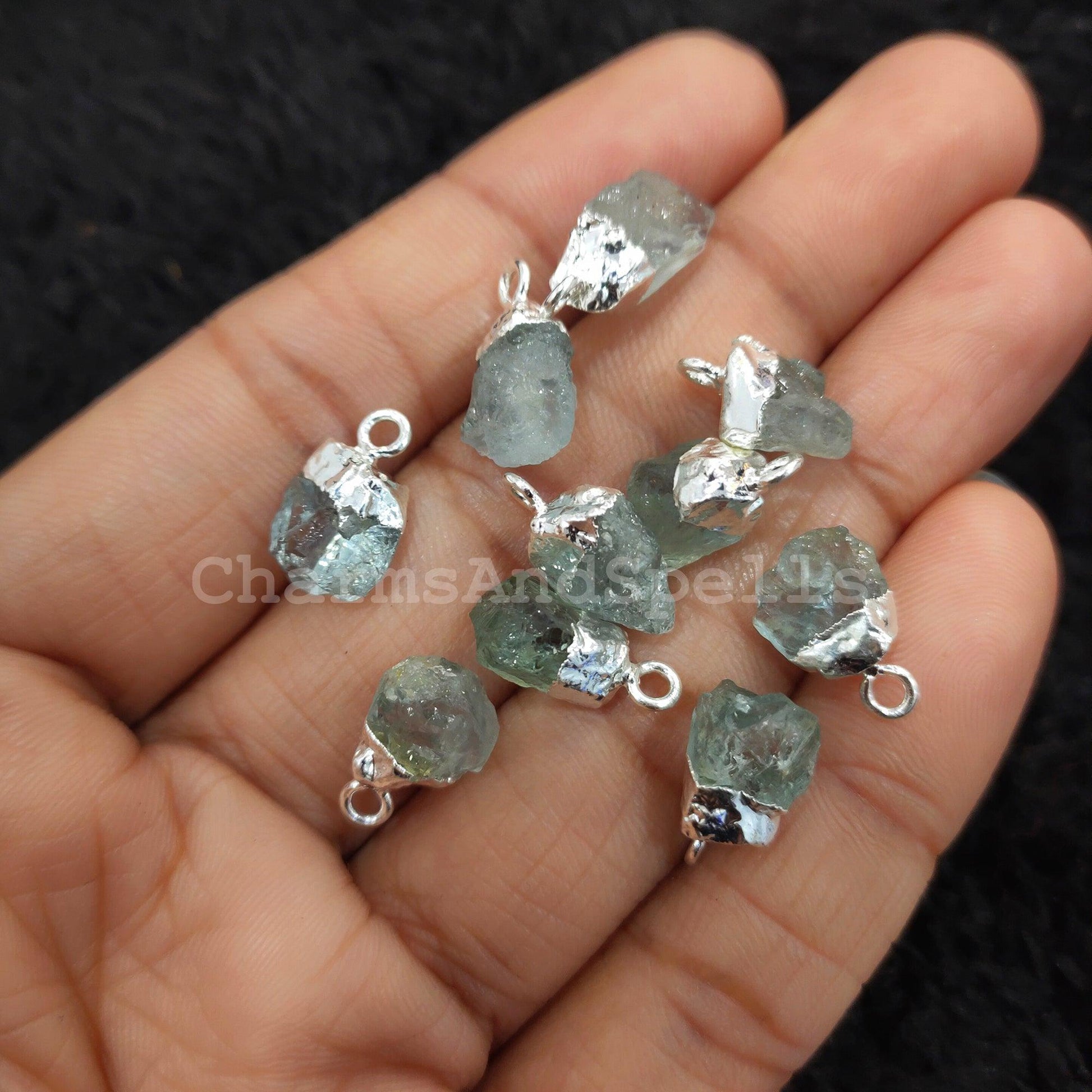 Big Sale On Raw Aquamarine Electroplated Pendant Connectors, Gemstone Connectors, Silver Plated Connectors - Charms And Spells