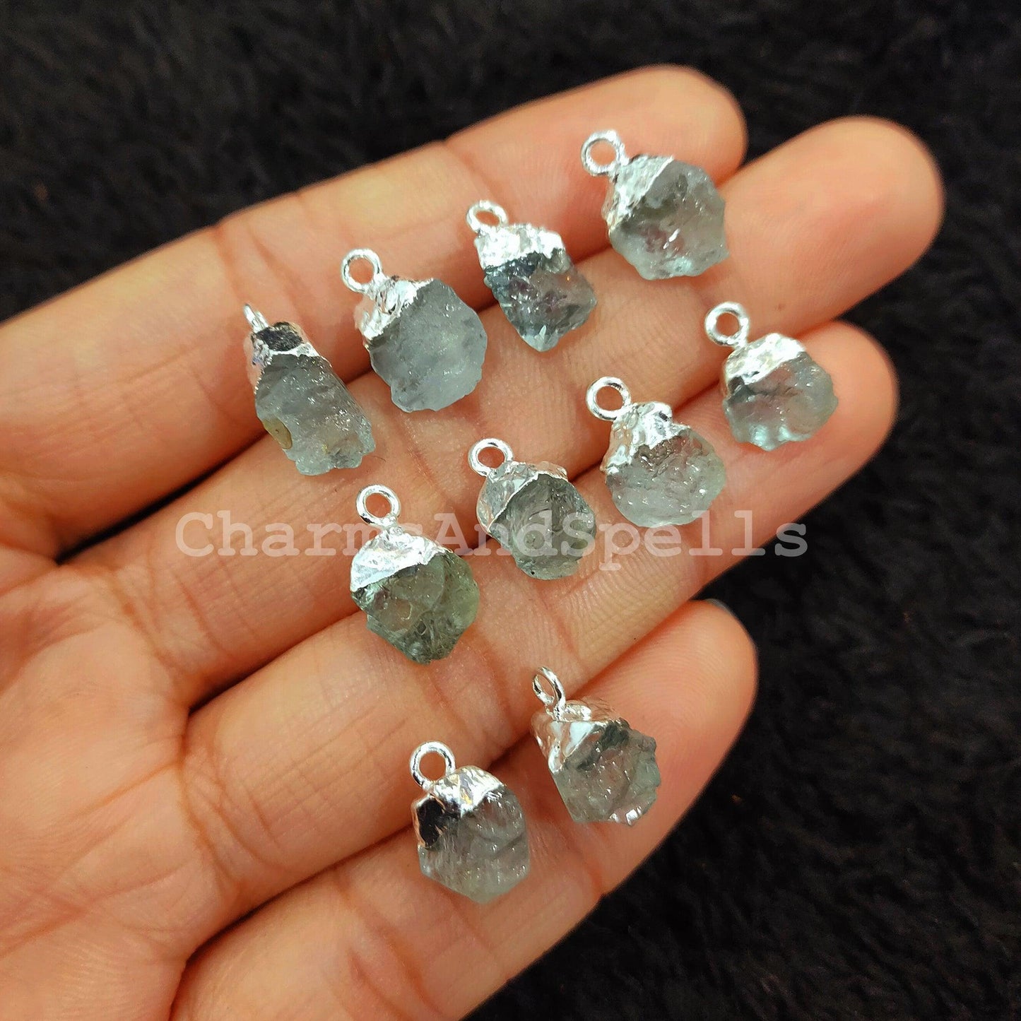 Big Sale On Raw Aquamarine Electroplated Pendant Connectors, Gemstone Connectors, Silver Plated Connectors - Charms And Spells