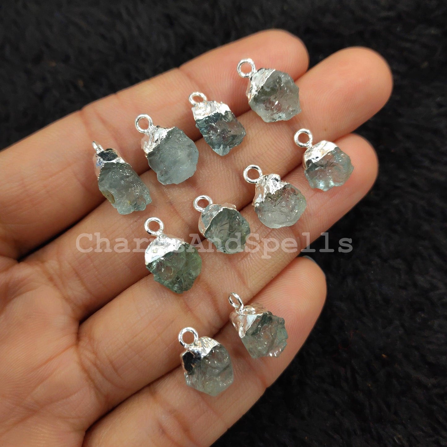 Big Sale On Raw Aquamarine Electroplated Pendant Connectors, Gemstone Connectors, Silver Plated Connectors - Charms And Spells