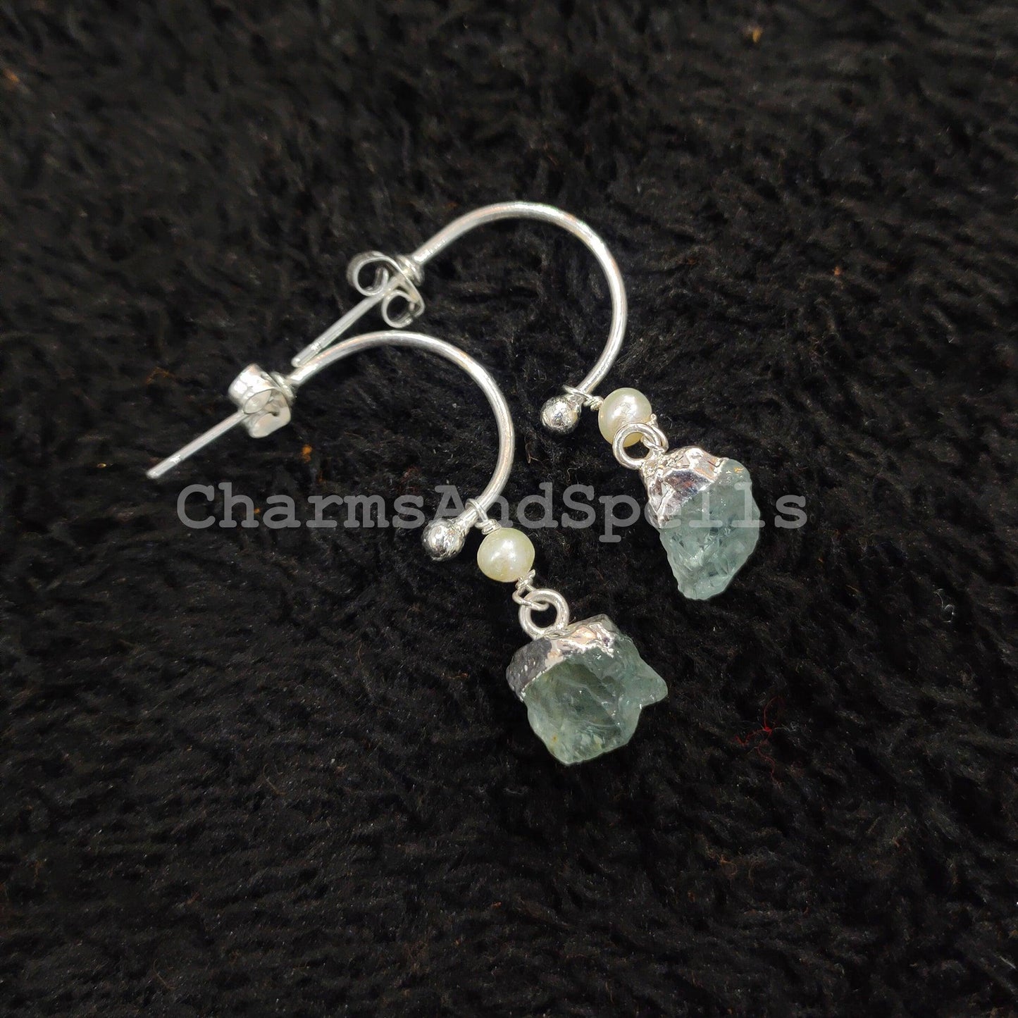 Raw Aquamarine Earrings, Electroplated Earrings, Healing Gemstone Earrings, Silver Plated Earrings, Raw Gemstone Earrings - Charms And Spells