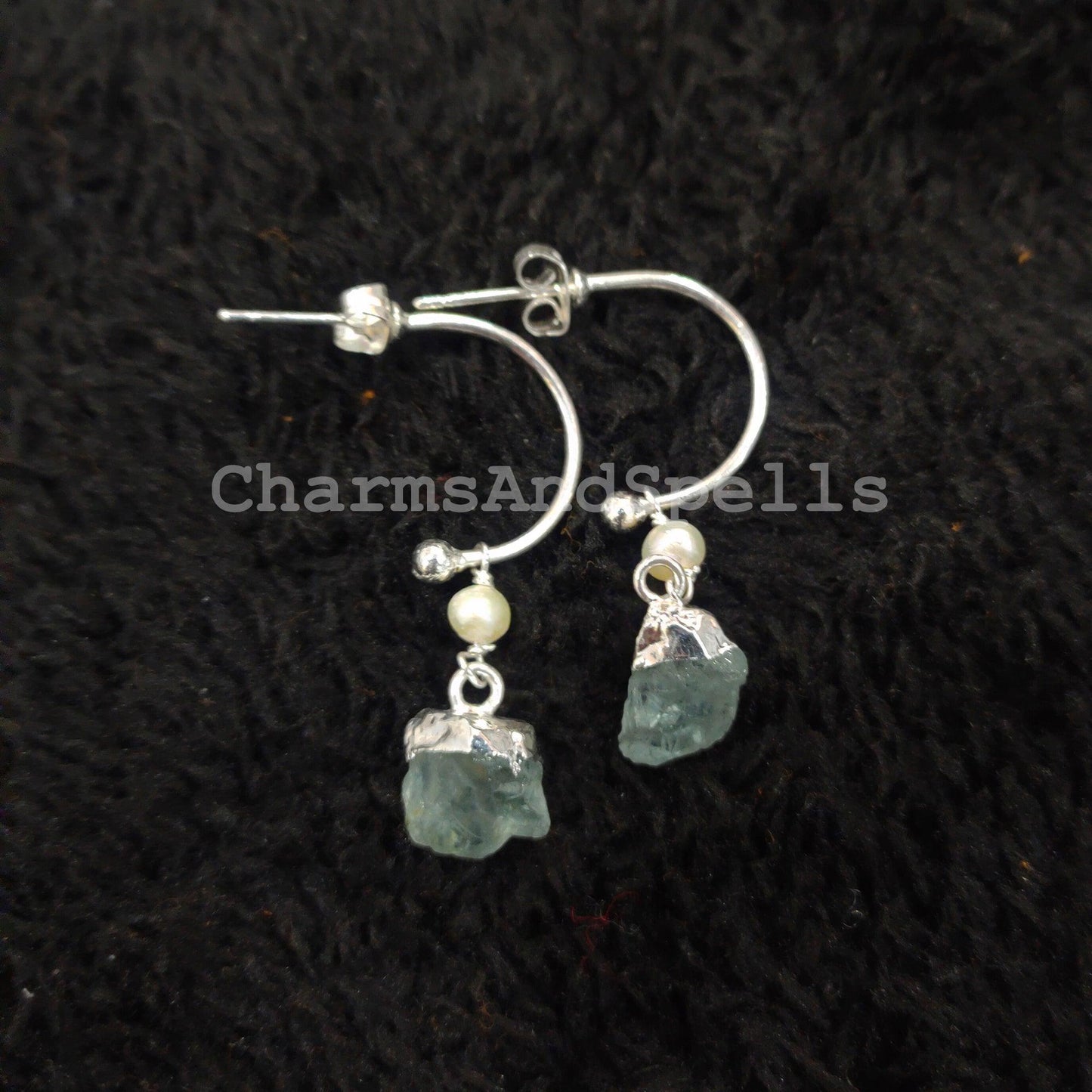 Raw Aquamarine Earrings, Electroplated Earrings, Healing Gemstone Earrings, Silver Plated Earrings, Raw Gemstone Earrings - Charms And Spells