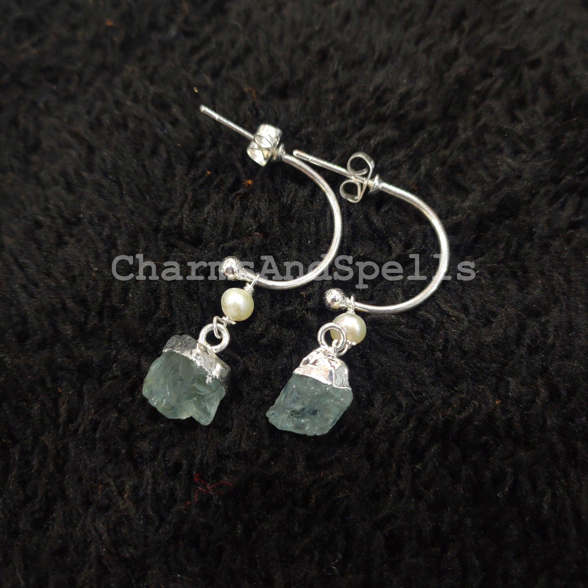 Raw Aquamarine Earrings, Electroplated Earrings, Healing Gemstone Earrings, Silver Plated Earrings, Raw Gemstone Earrings - Charms And Spells