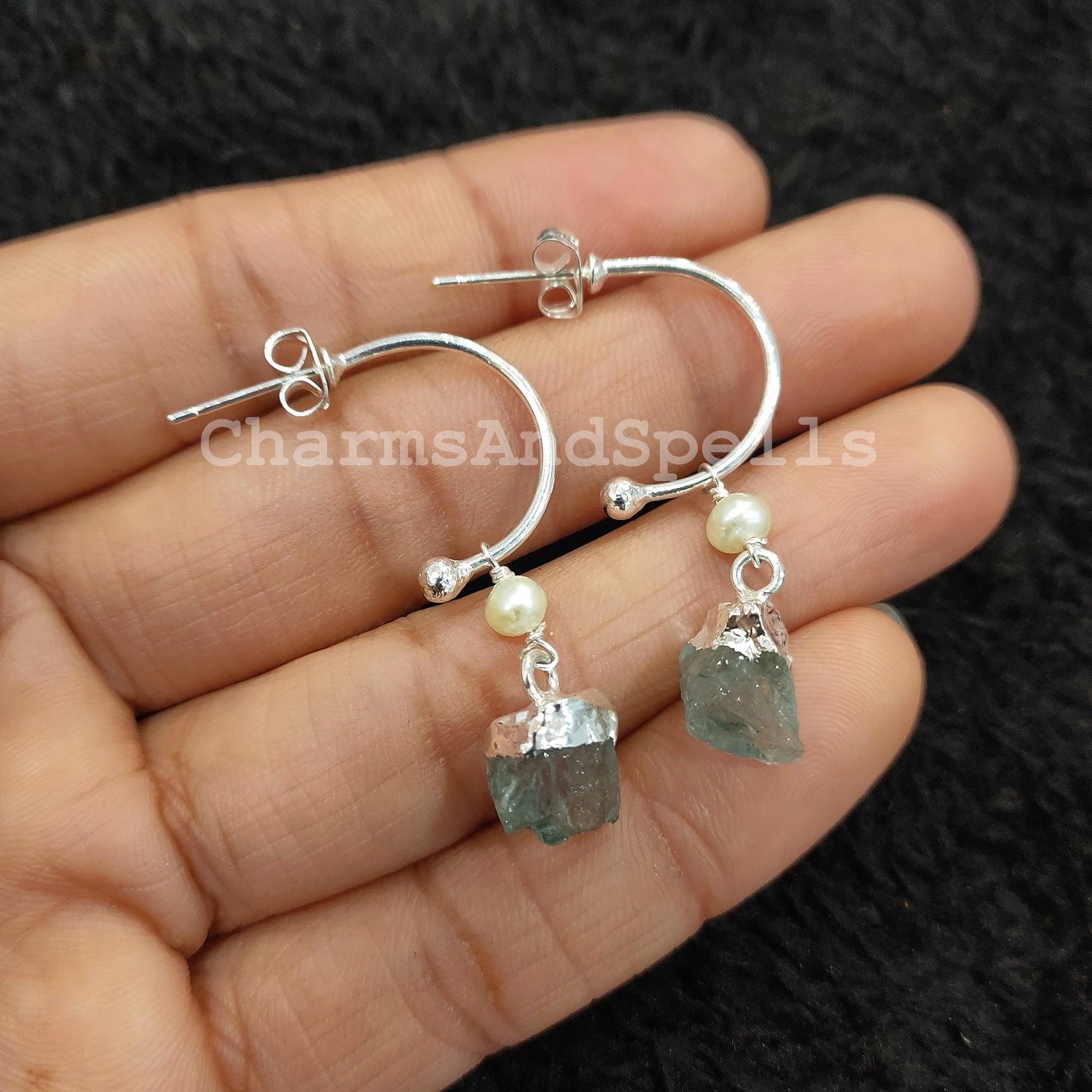 Raw Aquamarine Earrings, Electroplated Earrings, Healing Gemstone Earrings, Silver Plated Earrings, Raw Gemstone Earrings - Charms And Spells