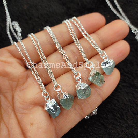 Aquamarine Necklace, Electroplated Raw Gemstone Jewelry, Silver Plated Necklace, Raw Birthstone Necklace, Gift for her - Charms And Spells