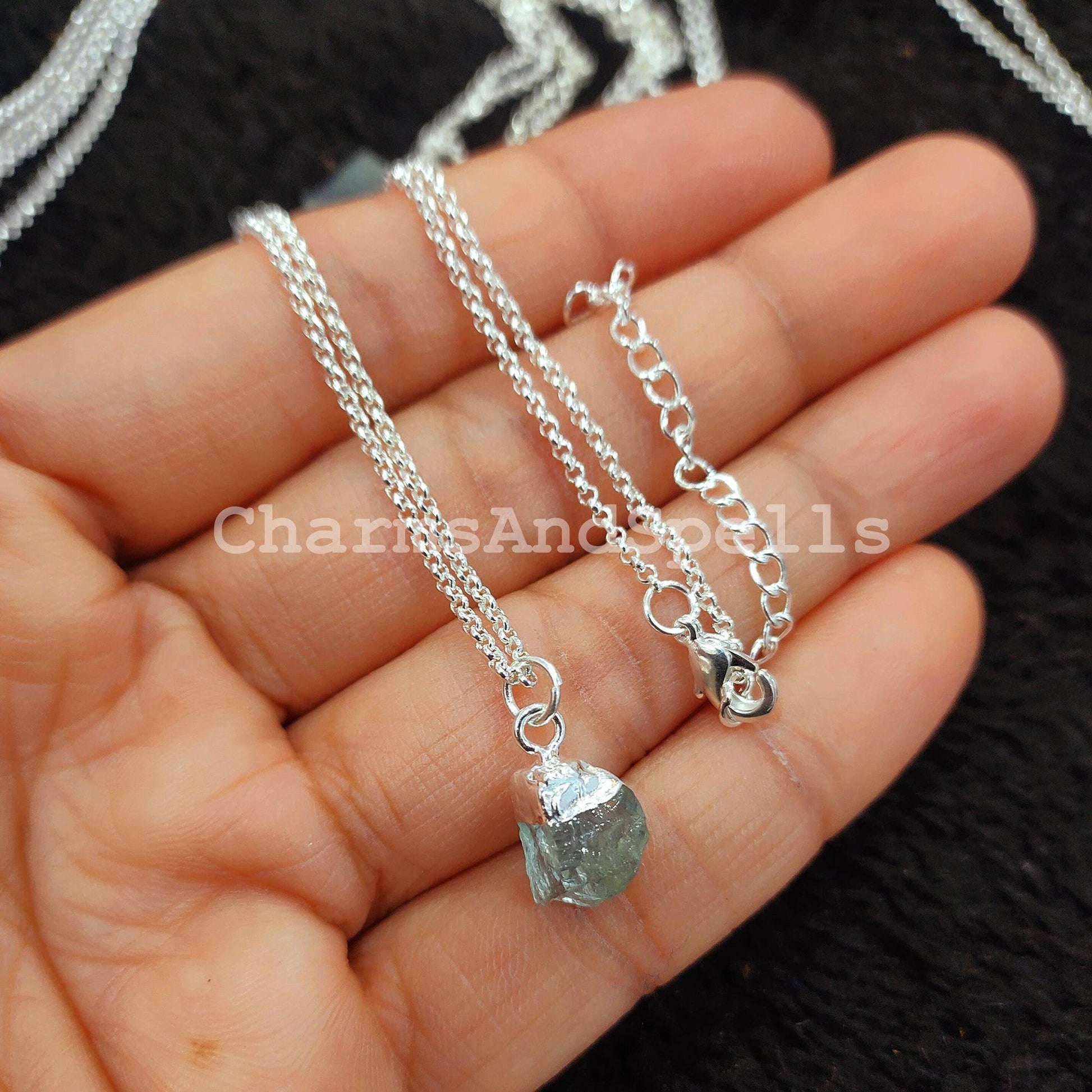 Aquamarine Necklace, Electroplated Raw Gemstone Jewelry, Silver Plated Necklace, Raw Birthstone Necklace, Gift for her - Charms And Spells