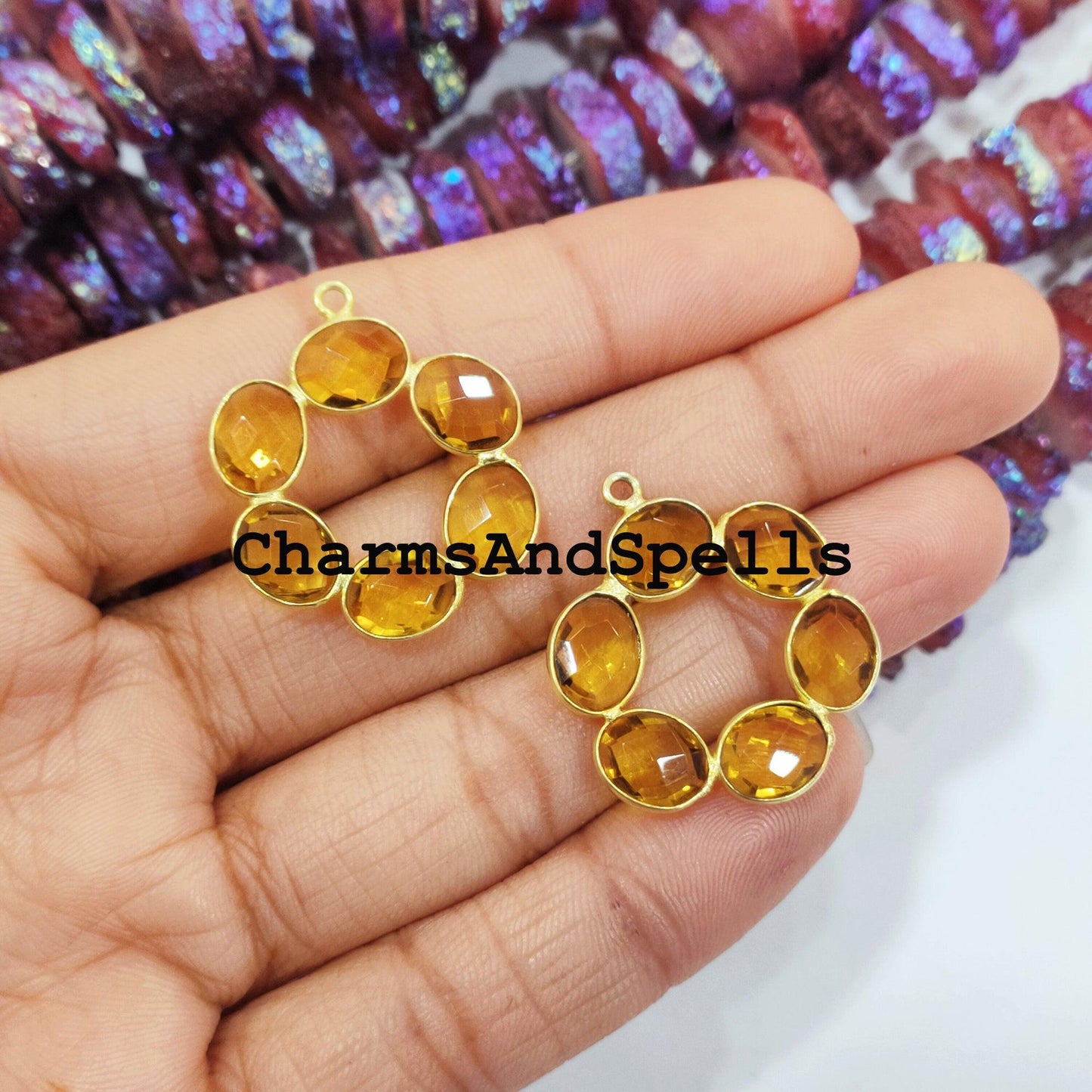 Citrine Gemstone Pendant Connector, Flower Shape Charms, 14K Gold Plated Connector, Nature Inspired Connector - Charms And Spells