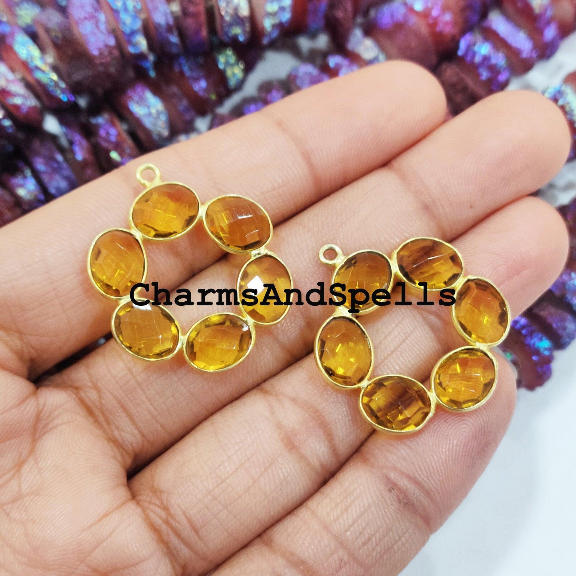 Citrine Gemstone Pendant Connector, Flower Shape Charms, 14K Gold Plated Connector, Nature Inspired Connector - Charms And Spells