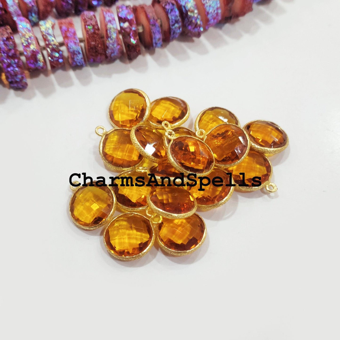 Honey Quartz Charms Connector, 14x22mm Yellow Gemstone Pendant Connector, Gold Plated Connector, Jewelry Making Connector - Charms And Spells